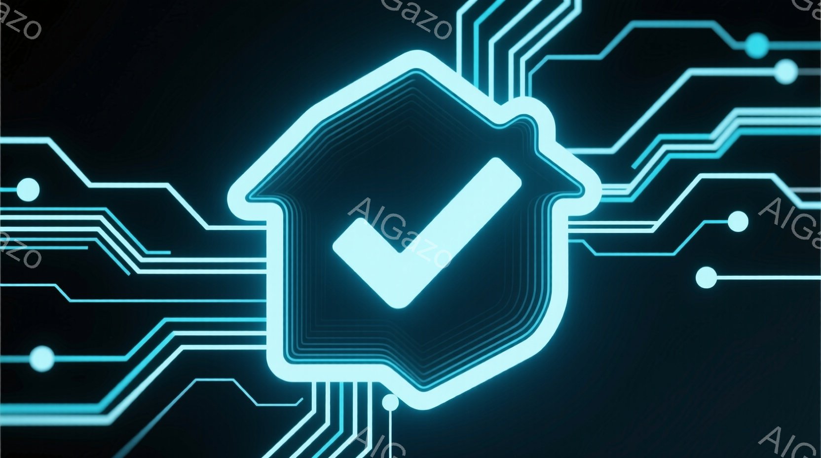 この画像は、暗い青色の背景に光る青い線で構成された回路図のようなパターンが描かれています。中央には、白く光るチェックマークが描かれた菱形の枠が配置されており、その周囲に線が複雑に絡み合っています。全体的に未来的な印象を与え、テクノロジーや承認、確認といった意味合いを想起させます。