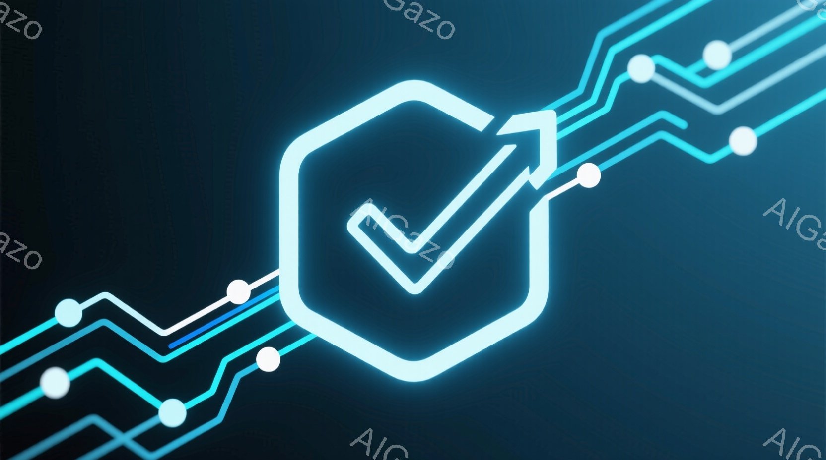鮮やかな青色の背景に、発光する白い回路図のような線が描かれています。その中央には、確認印（チェックマーク）が白く輝く六角形の中に配置されています。全体的に、テクノロジーやデジタル化を連想させる、未来的でクールな雰囲気です。
