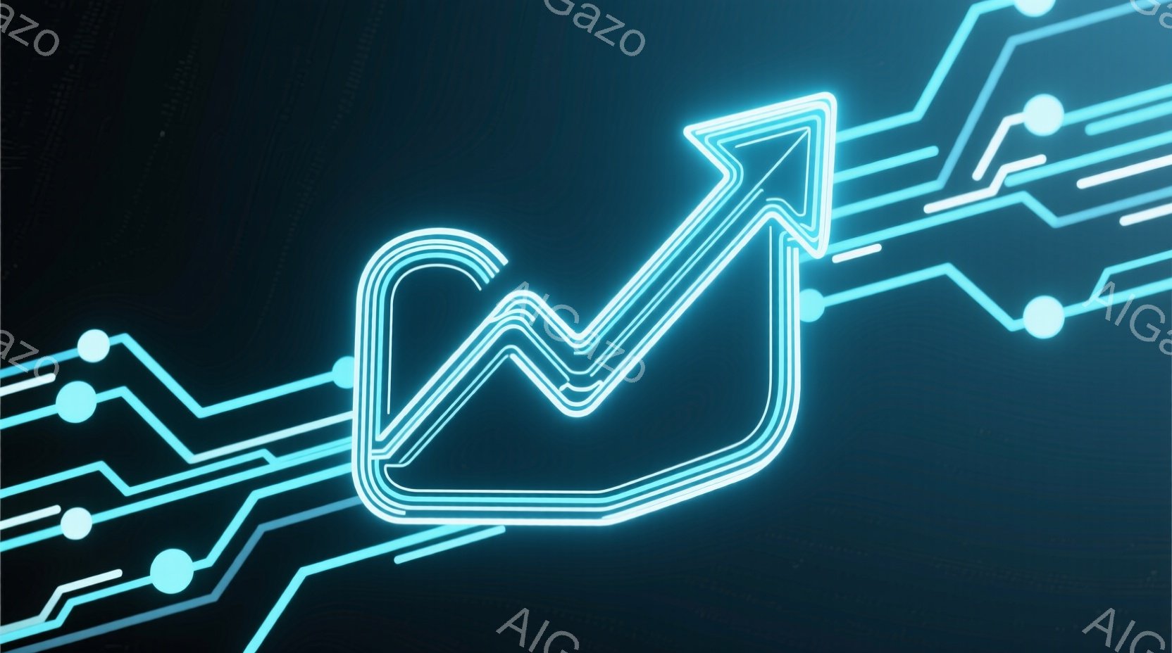 この画像は、深い青色の背景に、明るい水色の回路のような線が複雑に描かれたものです。線は点と繋がっており、上昇傾向を示すグラフのような形を形成しています。全体的に未来的な雰囲気で、テクノロジーやデータ、 - AI生成フリー素材