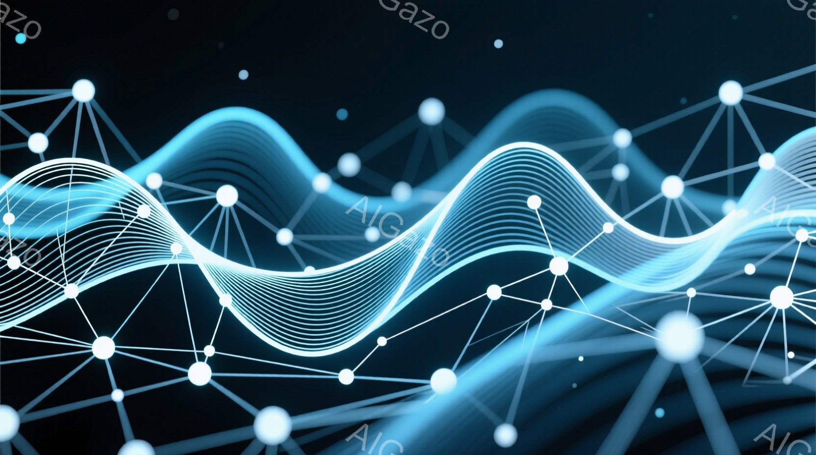 鮮やかな青色の波状の線が、光る白の点と線で繋がれたネットワーク上に重ねられています。この構成は、まるでデジタル空間におけるエネルギーの流れや接続性を視覚化したかのようです。背景は暗く、未来的なテクノロ - AI生成フリー素材