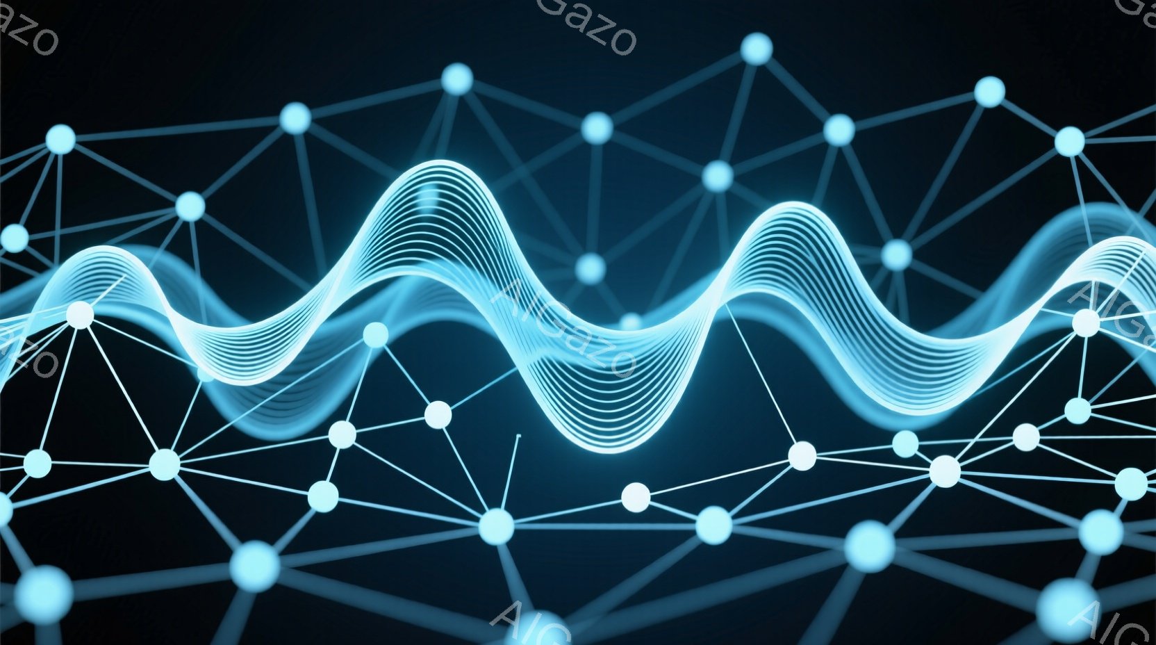 深い紺色の背景に、光る水色の線がネットワーク状に繋がっています。その中心には、うねるような波状の光のラインが描かれており、まるでエネルギーの流れを視覚化したようです。全体的に未来的な印象で、科学技術や - AI生成フリー素材