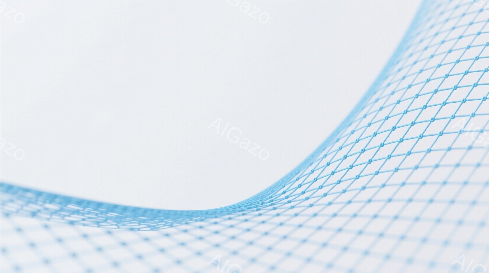 この画像は、明るい青色のグリッド状の線が曲線を描いて広がっている様子を捉えています。背景は白く、グリッド線が浮かび上がり、未来的な印象を与えます。全体的にシンプルでクリーンな雰囲気で、抽象的なデジタルアート作品のようです。