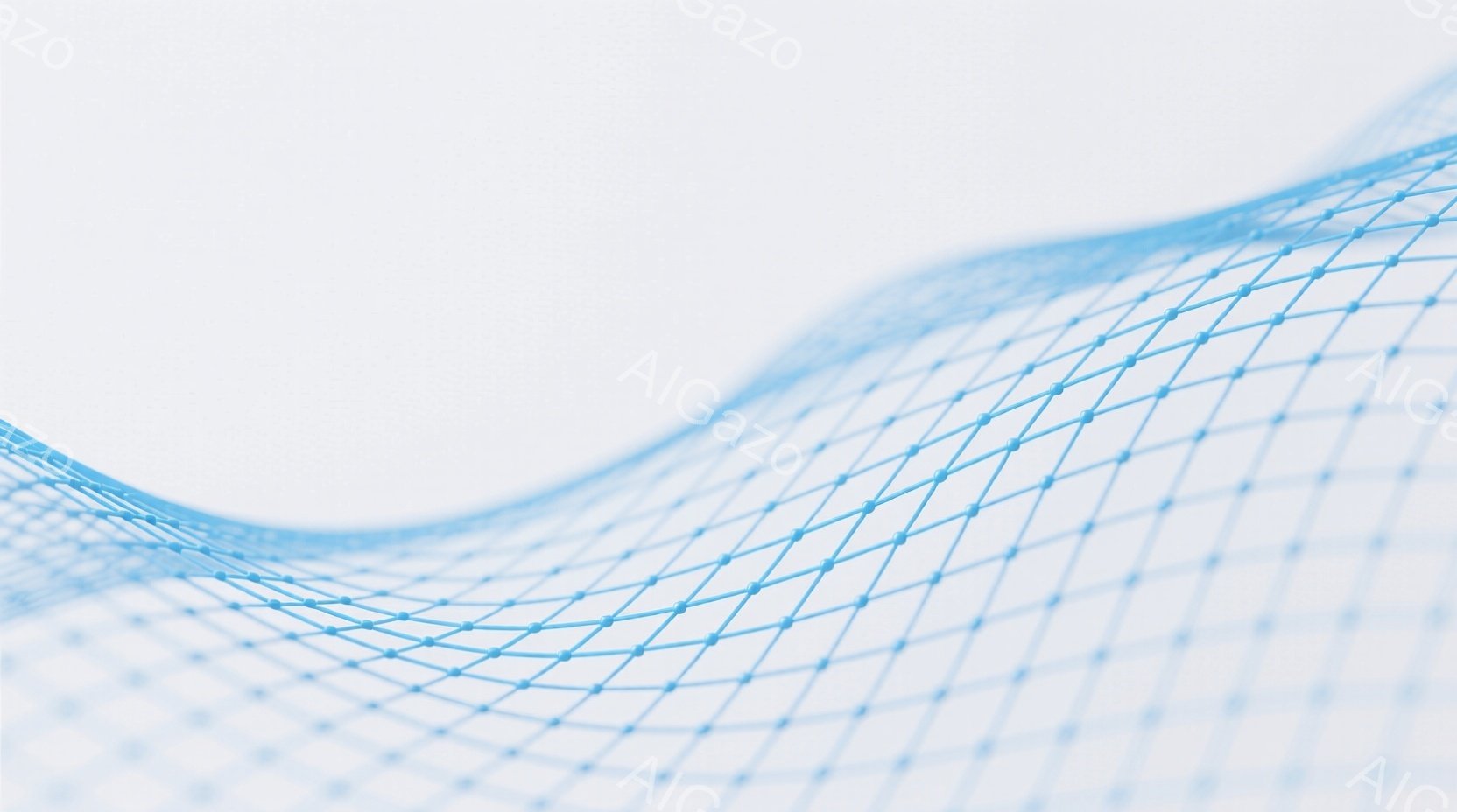 青い線で構成された網状の構造物が、白背景を背景に流れるように描かれています。線は小さな球体で接続されており、まるでエネルギーの流れやネットワークを視覚化したような印象を与えます。全体的に未来的で、ミニマルな雰囲気です。