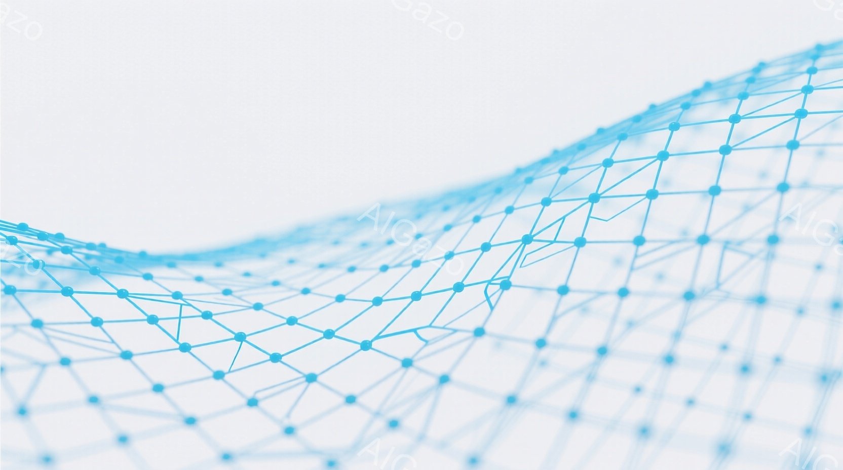 青い線で構成された網目状の構造体が、白背景の上に波打つように広がっている。その構造体は、点と線が規則的に繋がれており、まるでネットワークや回路を連想させるデザインである。全体的に未来的な印象を与え、テ - AI生成フリー素材