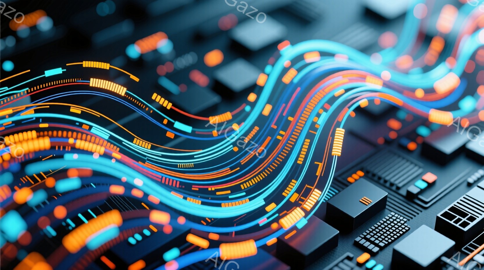 この画像は、電子回路基板をクローズアップしたもので、青、オレンジ、黄色の光の線が複雑に絡み合い、未来的な印象を与えています。基板上の黒いチップや配線が、光の線とコントラストをなし、高度な技術や情報ネットワークを想起させます。全体的に、鮮やかな色彩と光の表現により、サイバーパンクまたはデジタルアートの雰囲気が漂っています。