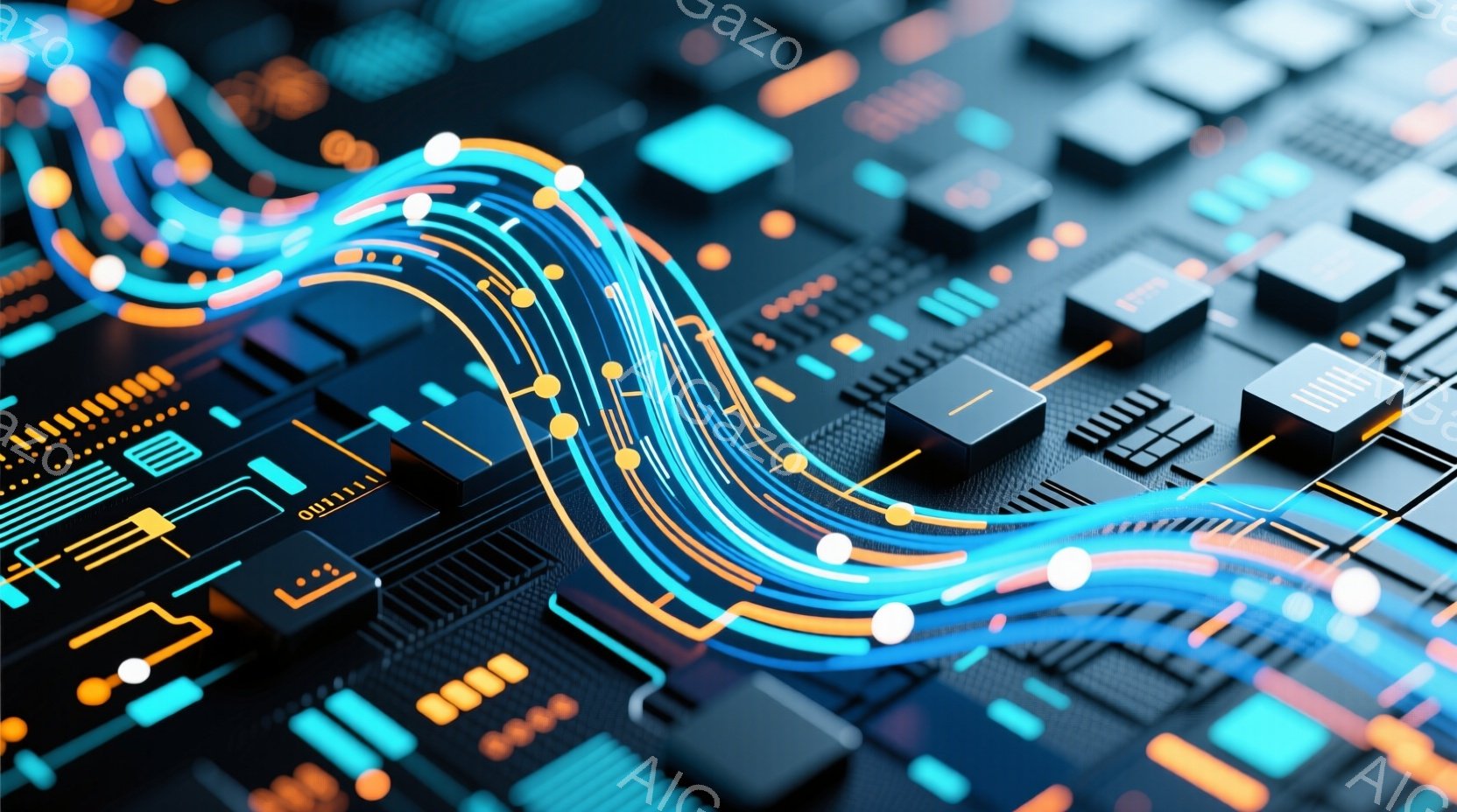 この画像は、複雑な電子基板をクローズアップしたものです。鮮やかな青とオレンジ色の光の線が、チップや回路の間を流れるように走り、未来的な印象を与えます。基板の細かい部品や配線が、技術的な精密さを強調して - AI生成フリー素材