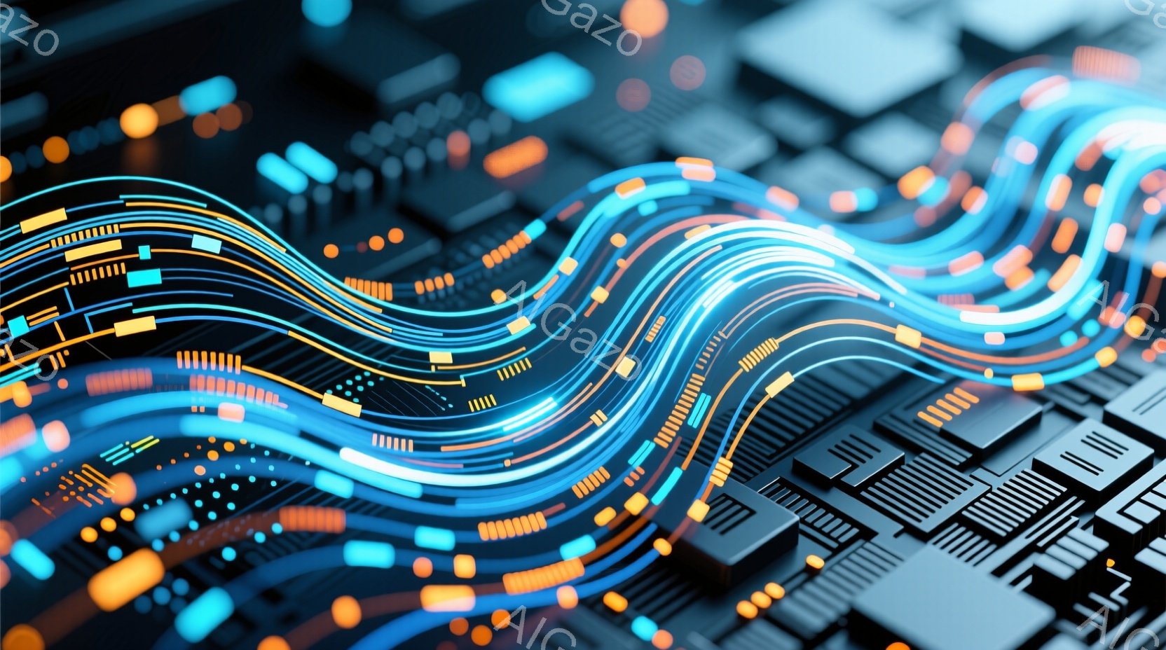 この画像は、青とオレンジの光の線が複雑に絡み合い、まるで電子回路の風景を表現しているように見えます。背景には、微細な電子部品やチップが密集しており、近未来的な技術感とデジタル世界の抽象的な美しさを感じさせます。全体的に、情報が奔流のように流れる様子を視覚化した、鮮やかでダイナミックなイメージです。