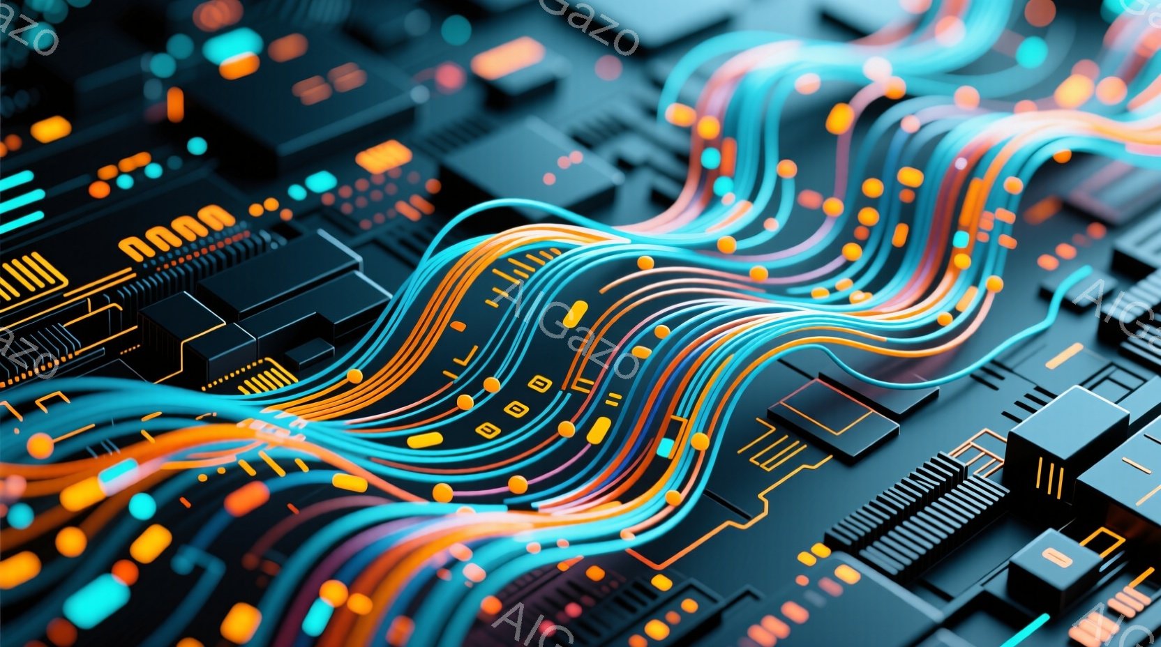 この画像は、複雑な電子回路基板をクローズアップしたもので、鮮やかな青、オレンジ、黄色の光ファイバーのような線が、基板上を蛇行している様子が描かれている。基板には様々な電子部品が実装されており、光ファイバーのような線はそれらを繋ぎ、データフローを表現しているかのように見える。全体的に、未来的なテクノロジーと情報処理の複雑さを暗示する、クールで洗練された雰囲気である。