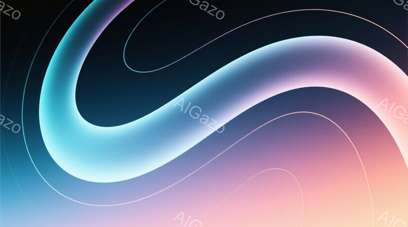 鮮やかなグラデーションが特徴的な抽象的な画像です。青から紫、ピンクへと色彩が移り変わり、流れるような曲線が幾重にも重なり合っています。背景は暗く、曲線が発光しているかのように見え、未来的な雰囲気を醸し出しています。