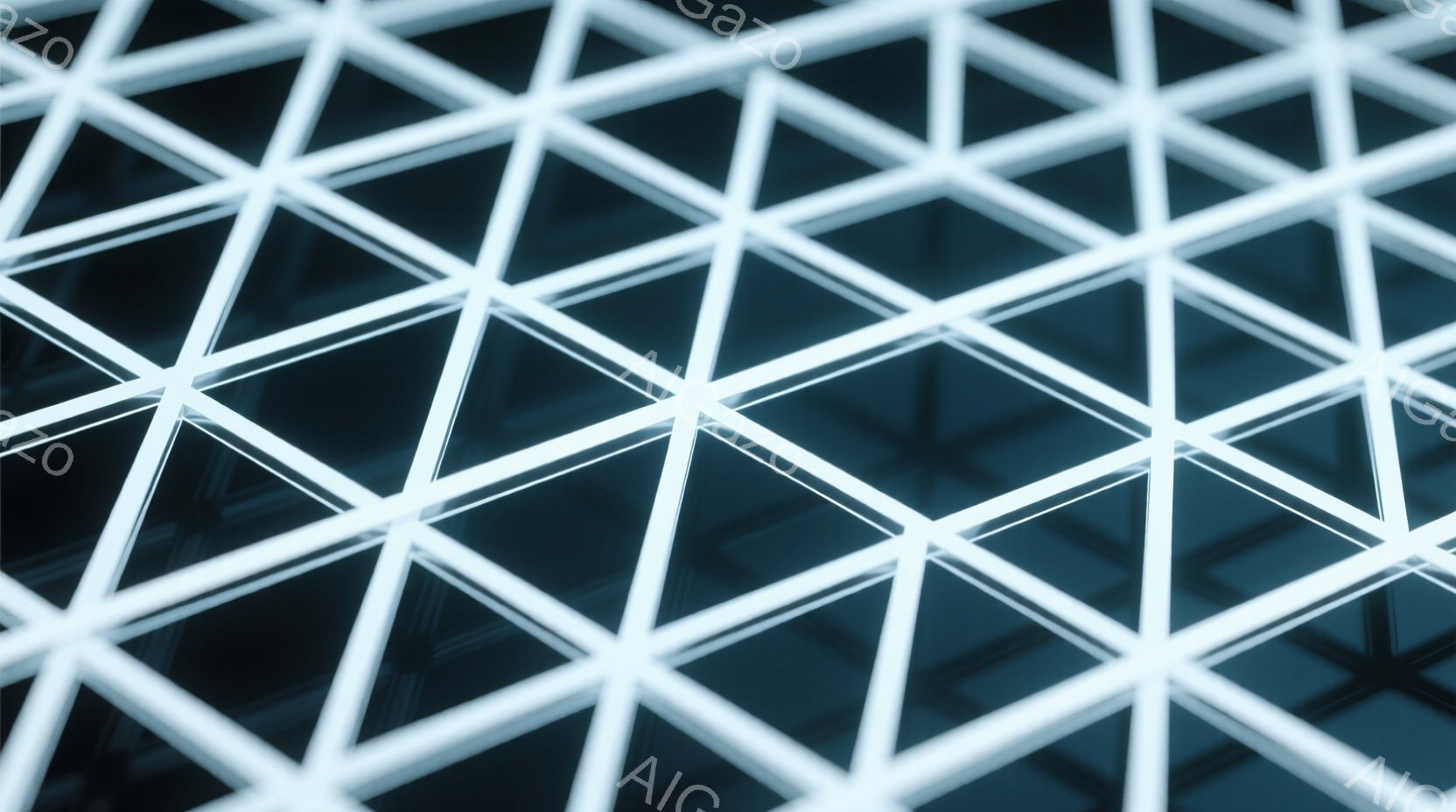 この画像は、規則的な三角形のパターンで構成された建物の外観の一部を捉えています。ガラスの表面が光を反射し、三角形の枠が強調され、現代的な建築デザインを表現しています。全体的にクールでミニマルな印象を与え、都会的な洗練さを感じさせます。