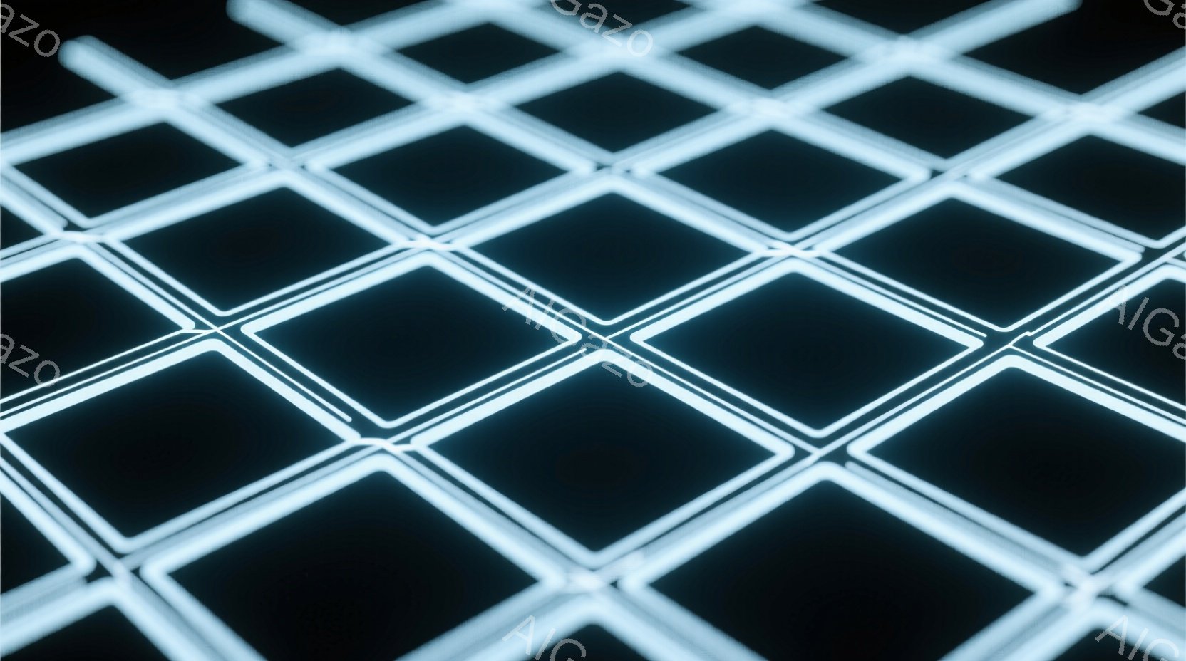漆黒の背景に、青白い光を放つ正方形のグリッドが広がり、未来的な雰囲気を醸し出しています。各正方形は線で区切られており、まるでデジタルな迷路や回路基板を思わせる幾何学的なパターンを形成しています。全体と - AI生成フリー素材