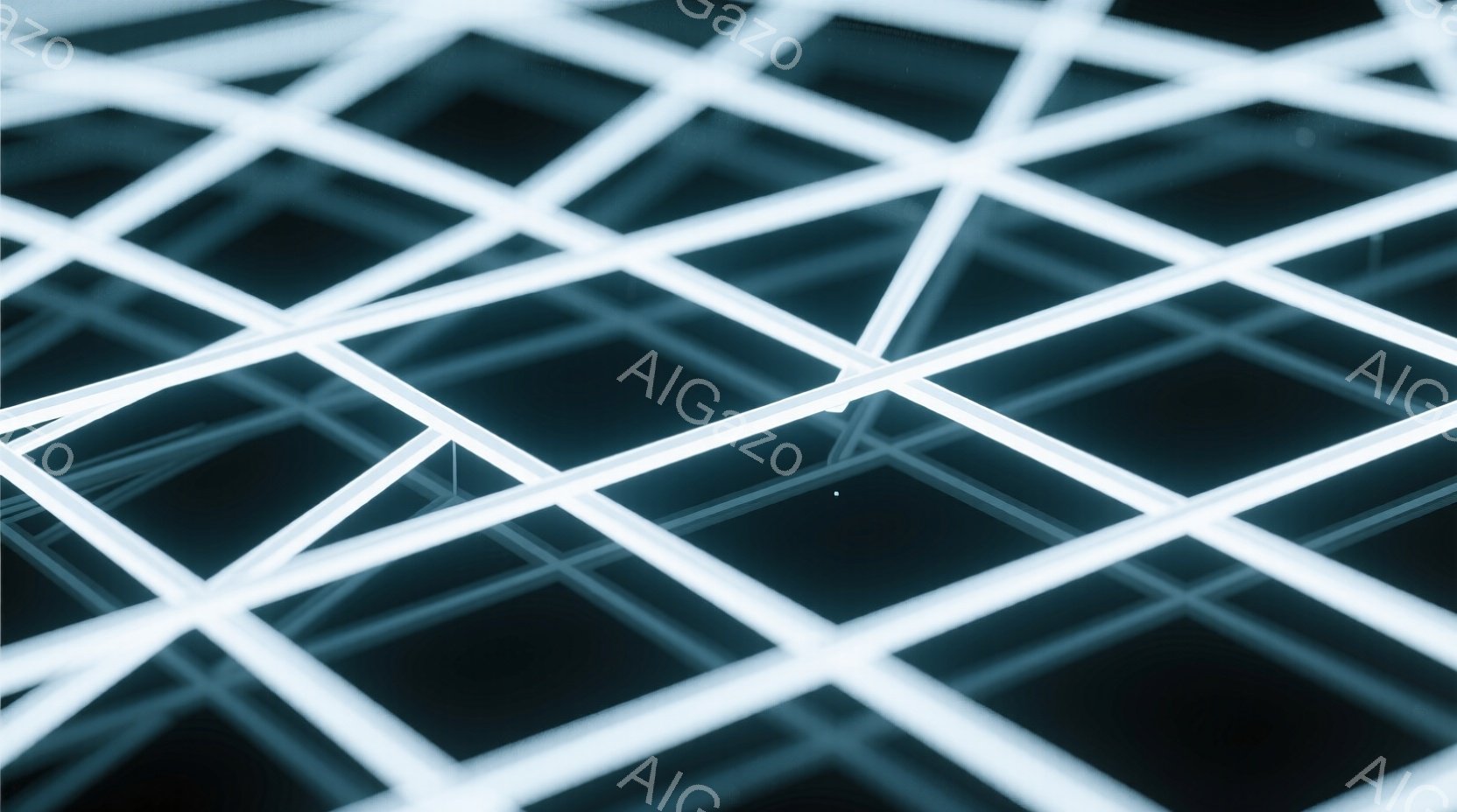 白い光の線が複雑に交差する、未来的な構造物のクローズアップ写真です。黒い背景が光のラインを際立たせ、奥行きのある立体的な印象を与えます。全体的にクールでモダンな雰囲気があり、サイバーパンクやテクノロジーを連想させます。