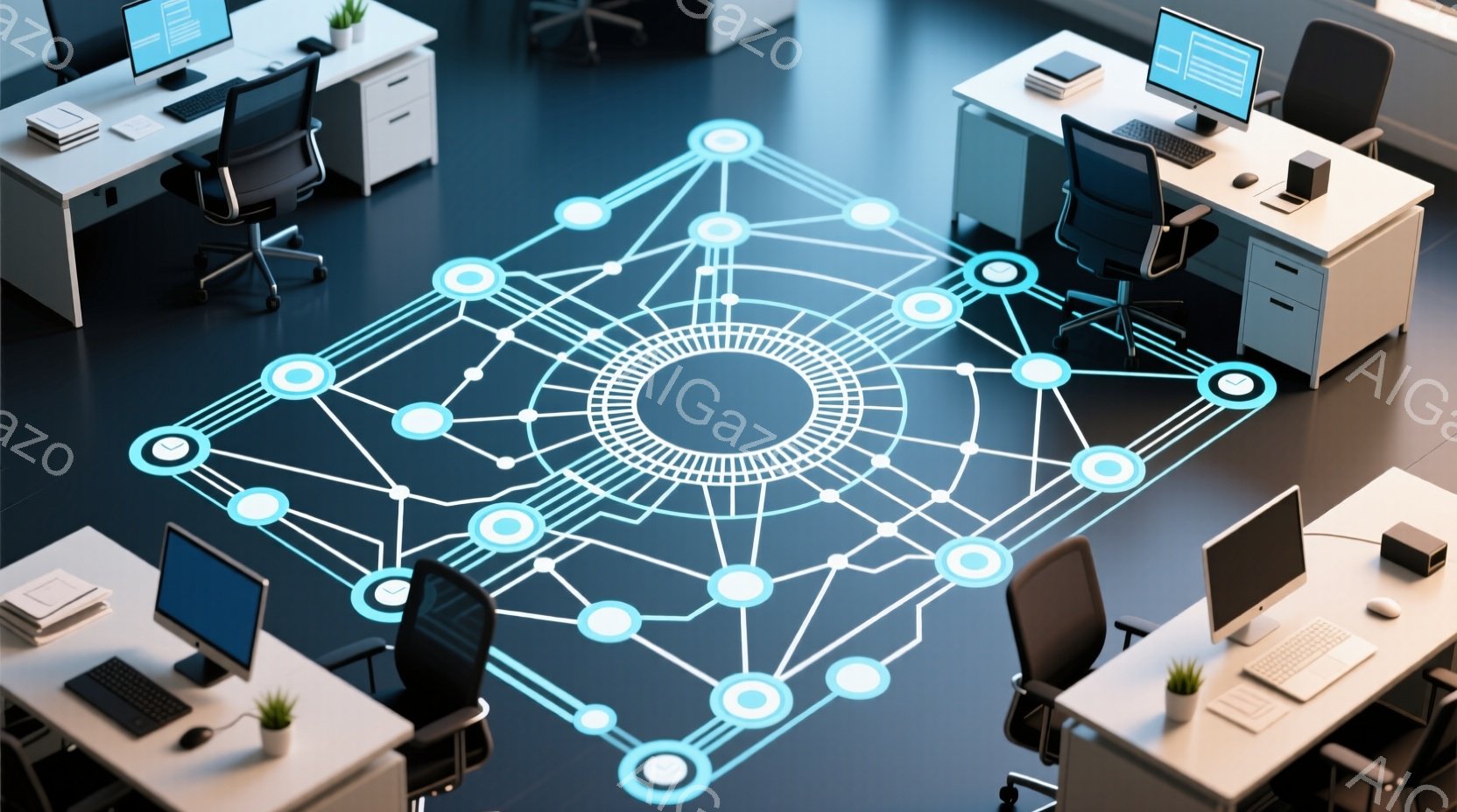 鮮やかな青色の光るネットワークが床に投影され、オフィス空間全体を覆っています。オフィスには白を基調としたデスクと黒い椅子が配置され、各デスクの上にはモニター、マウス、そして小さな観葉植物が置かれています。全体的に未来的でテクノロジーを感じさせる、洗練された雰囲気です。