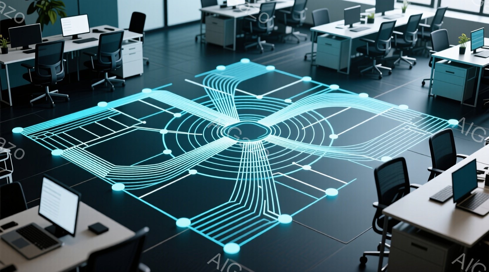 現代的なオフィス空間が写っており、床には光る青い線で描かれた複雑なネットワークのような図形が広がっています。オフィスには白を基調としたデスクと黒のオフィスチェアが整然と配置され、洗練された雰囲気を醸し出しています。全体的にクールで未来的な印象を与え、テクノロジーとビジネスが融合した空間を表現しています。