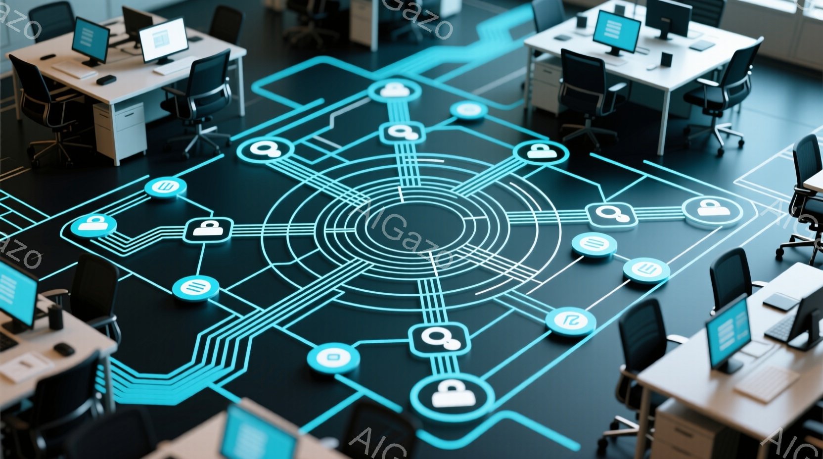 部屋の中には、オフィスチェアとデスクが配置され、黒い床に未来的な青い線とアイコンで構成されたネットワーク図が描かれています。誰も描かれていませんが、デスクとコンピューターは、何らかのデジタル作業が行われていることを示唆しています。全体的に、現代的で技術的な雰囲気であり、データ接続やサイバーセキュリティといった概念を想起させます。