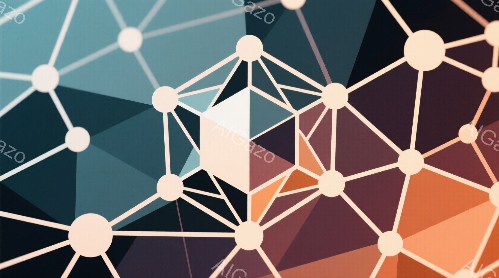 この画像は、多角形と白い線で構成されたネットワーク状の抽象的なデザインです。背景は、濃い青、紫、茶色、オレンジ色のグラデーションで、全体的に幾何学的でモダンな印象を与えます。線は各多角形の中央の白い円と接続されており、接続されたネットワークの視覚的な表現となっています。