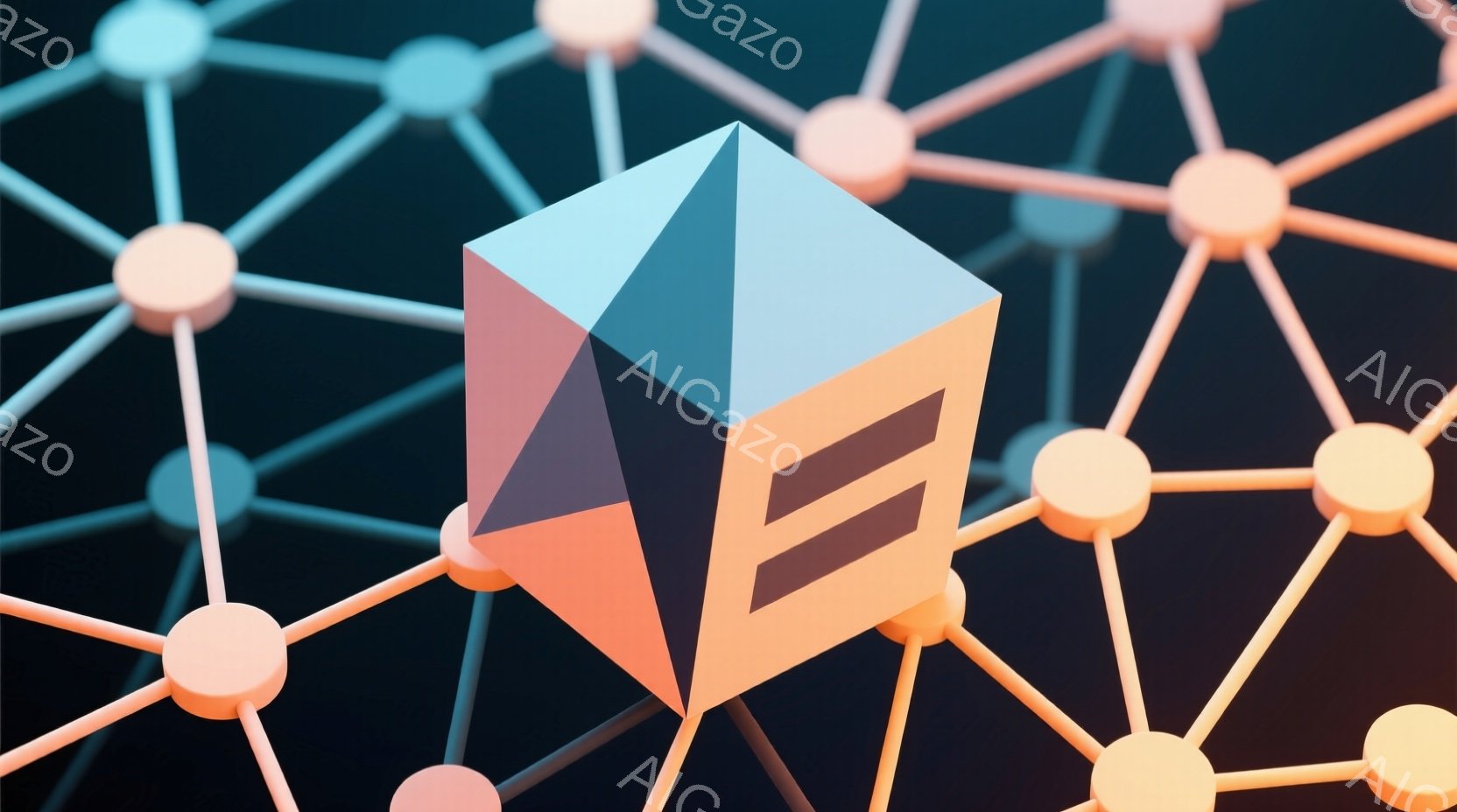 鮮やかなオレンジと水色の幾何学的な立方体が、オレンジ色の光る線で結ばれたネットワークの中心に配置されている。背景は暗いグレーで、ネットワークの線が奥行きを作り出し、未来的な雰囲気を醸し出している。全体的に、鮮やかな色と幾何学的な形状が調和し、モダンで洗練された印象を与える。