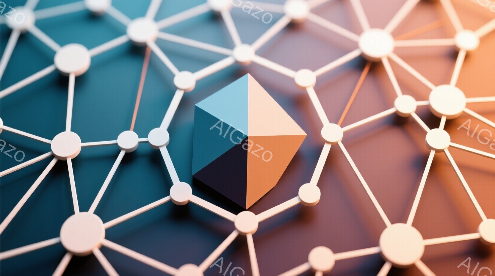 鮮やかな水色とオレンジ色のグラデーションが背景に広がり、白い線で繋がれた球体が複雑なネットワークを形成している。中心には、オレンジ、水色、グレーの三角形が組み合わされた立体的なオブジェクトが配置され、視覚的なアクセントとなっている。全体的に、幾何学的で抽象的な印象を与え、現代的なアート作品のような雰囲気である。