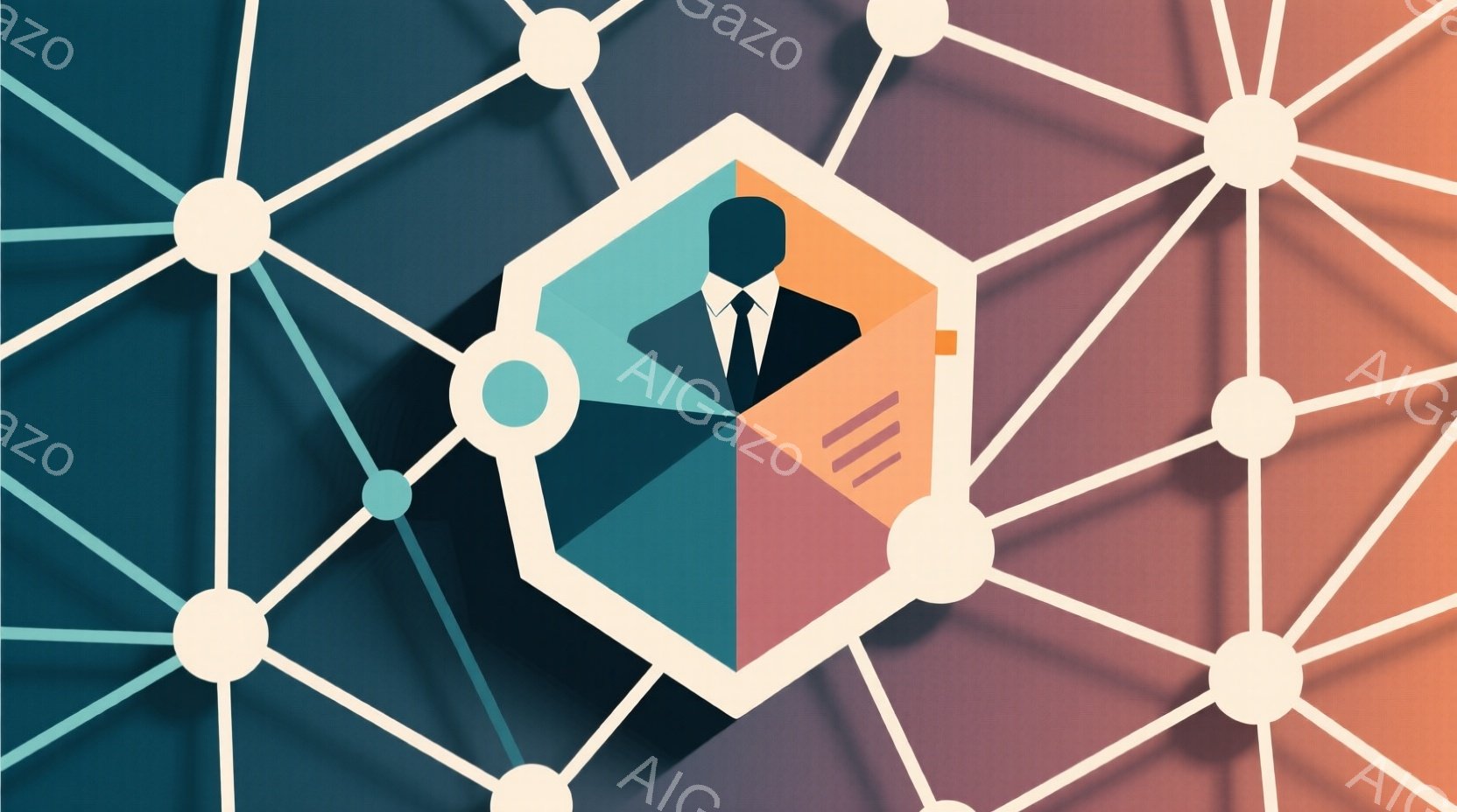 鮮やかなオレンジとターコイズブルーのグラデーションを背景に、影を落とした多角形のフレームの中に、黒いスーツを着た男性のシルエットが描かれています。男性は正面を向き、黒髪で整髪されており、表情は読み取れ - AI生成フリー素材