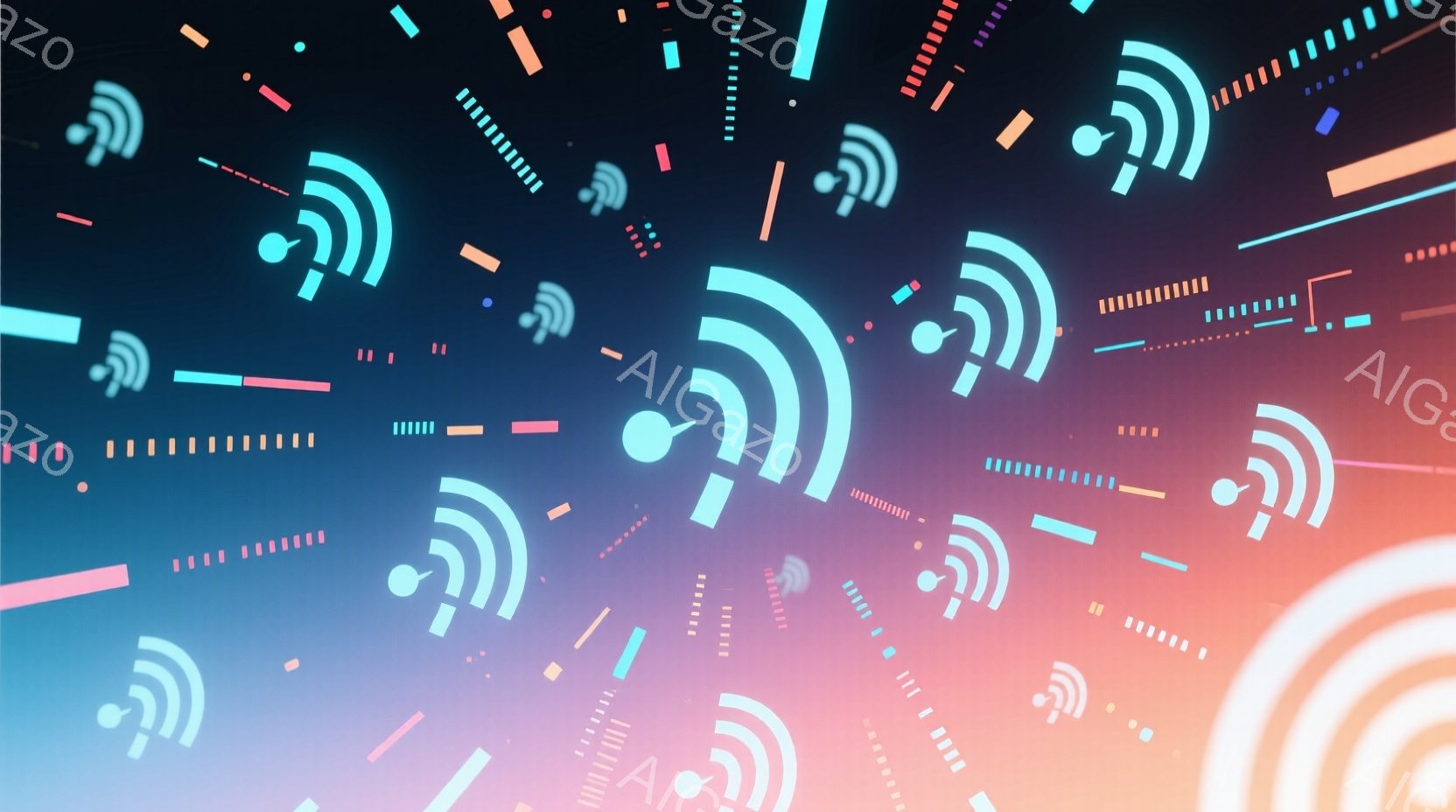 鮮やかなグラデーションの背景に、Wi-Fi信号のようなアイコンが多数散りばめられています。アイコンは白やピンク、オレンジ色で、様々な大きさや角度で配置されており、現代的でテクノロジーを感じさせる抽象的なデザインです。全体的に明るく、未来的な雰囲気を醸し出しています。