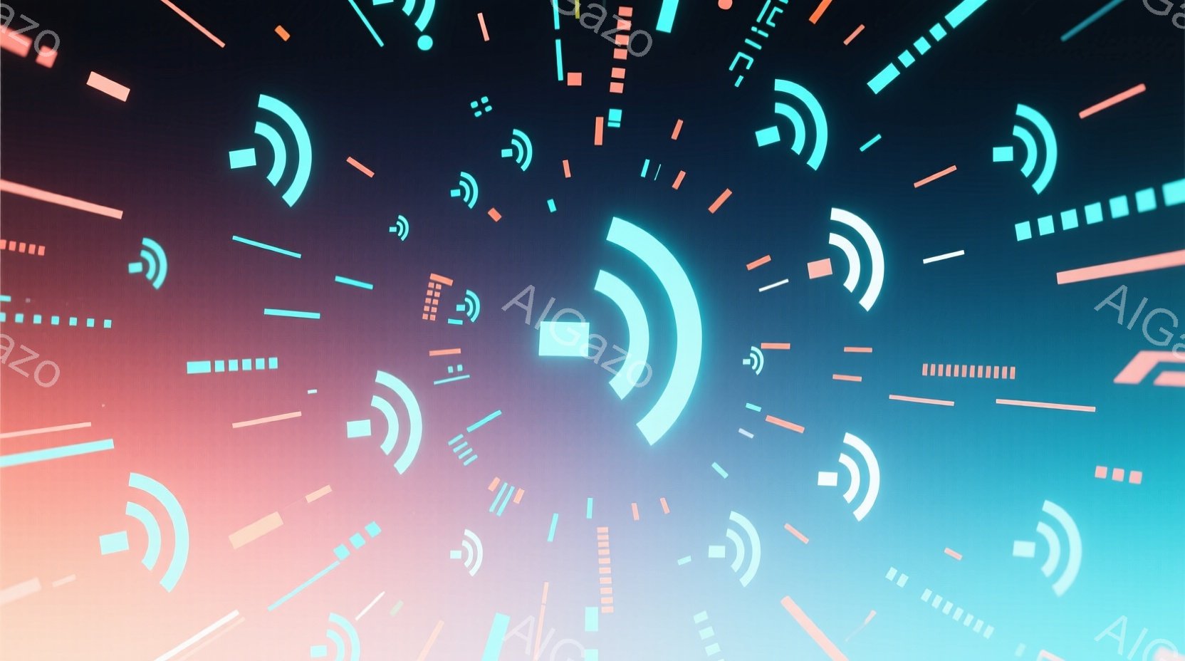 この画像は、青とピンクのグラデーションを背景に、様々な形状の白い線と点線が放射状に配置された抽象的なデジタルアート作品です。線は異なる長さと太さで描かれ、光の軌跡やエネルギーの流れを連想させます。全体的に未来的な雰囲気で、サイバーパンクやテクノロジーをテーマにした作品の一部である可能性があります。