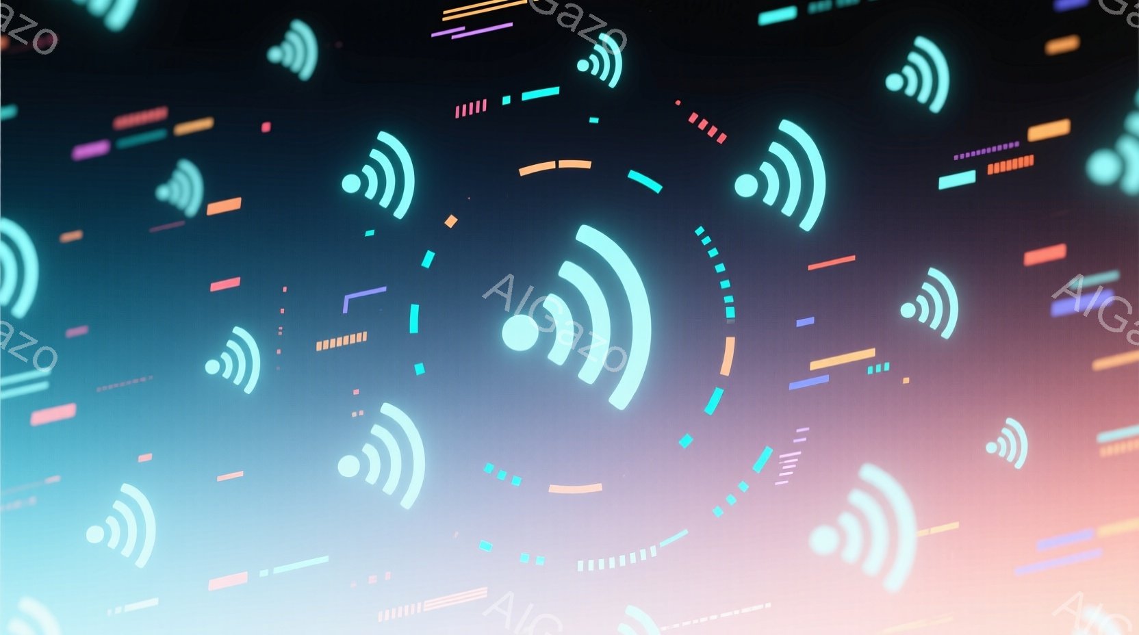 この画像は、青と紫のグラデーションを背景に、様々な色の無線LAN（Wi-Fi）アイコンが散りばめられた抽象的なデザインです。アイコンは円形の信号強度を示すもので、明るく未来的な雰囲気を作り出しています。全体的にミニマルで、テクノロジーや接続性を連想させるビジュアルです。