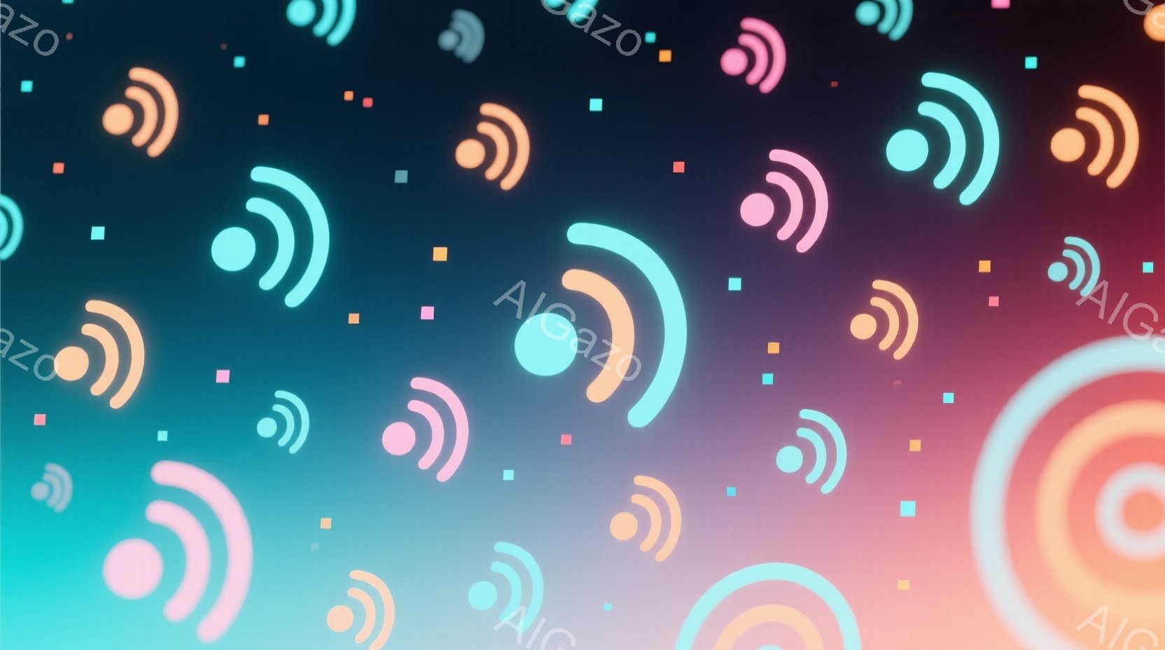 鮮やかな青、紫、ピンクのグラデーションが背景に広がり、様々なサイズの半円形の光が散りばめられています。これらの光は、明るい黄色から青色、ピンク色へと色彩が変化しており、まるで光の粒子が漂っているような印象を与えます。全体として、幻想的で未来的な雰囲気を醸し出しています。