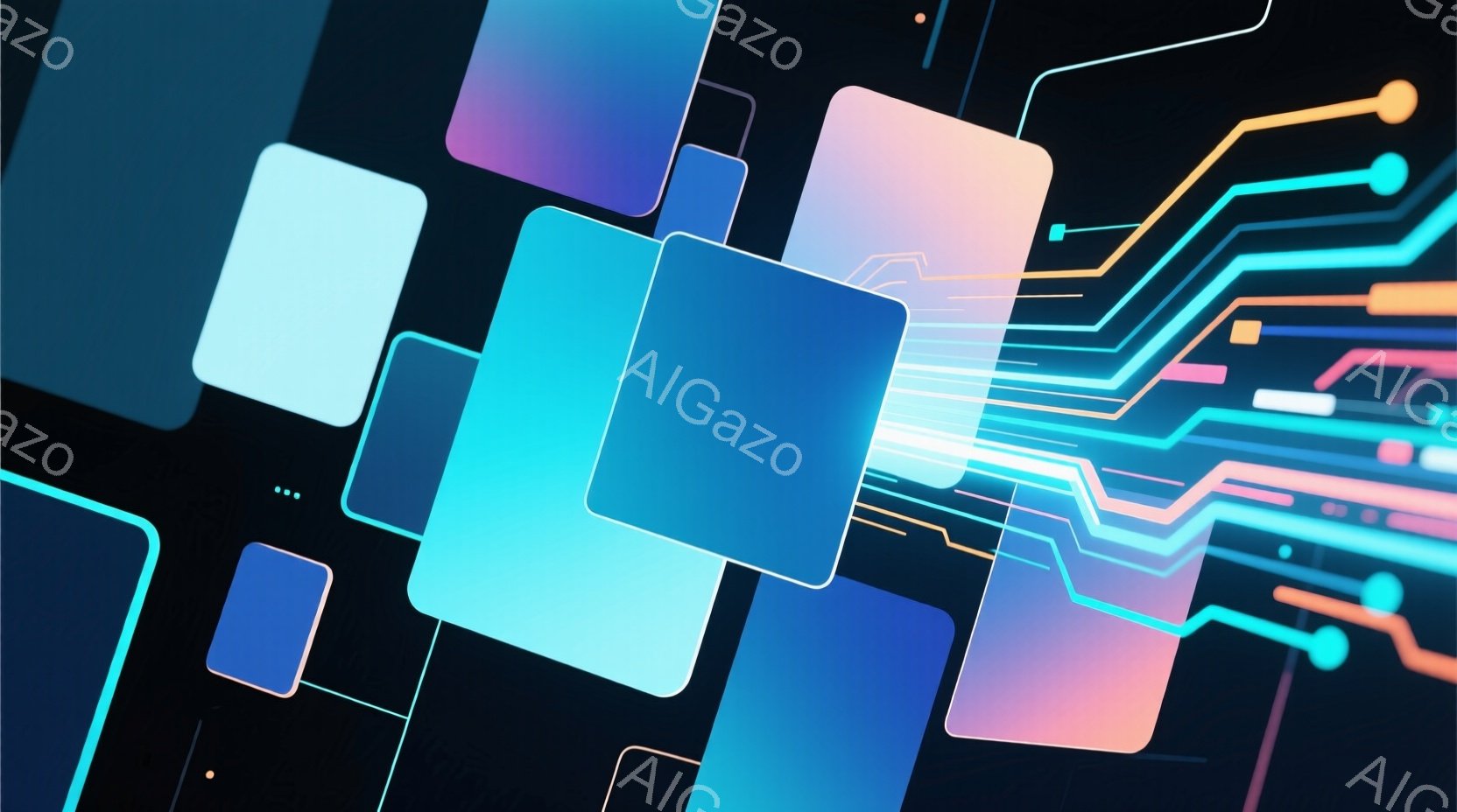 鮮やかな青、水色、ピンク色の光る四角形が黒い背景に重なり合って配置されています。これらの四角形は、抽象的なデジタル回路のような光の線と組み合わさっており、未来的な印象を与えます。全体的に、テクノロジー - AI生成フリー素材