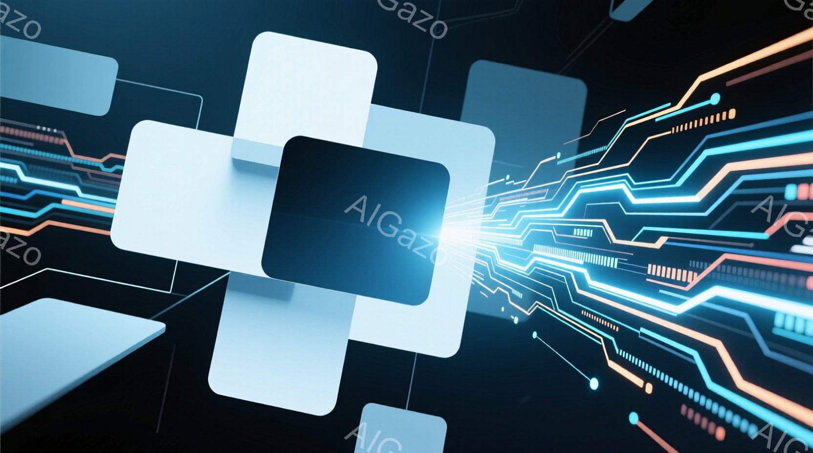 鮮やかなネオンカラーの回路が黒い背景に広がっており、未来的なテクノロジーのイメージを想起させます。幾何学的な白い正方形が前景に浮かび上がり、光の線がそれらを通して放射状に広がっています。全体として、洗練された、高解像度なデジタルアート作品であり、サイバーパンクや科学フィクションの世界観を表現しているように見えます。