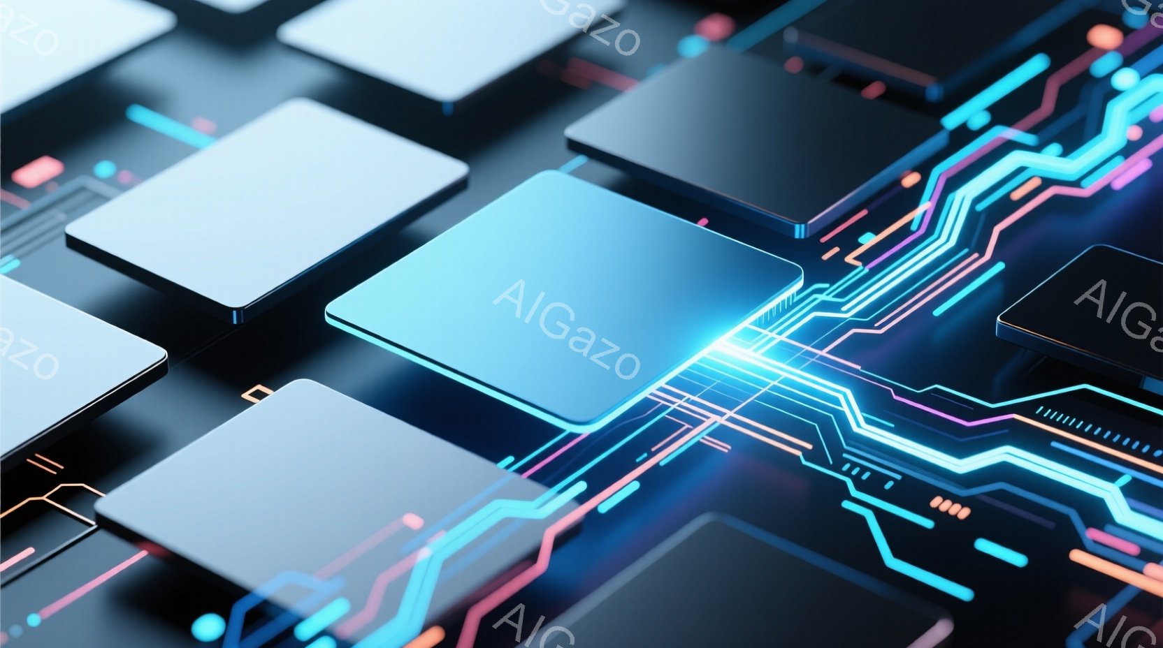 この画像は、暗い背景に、ネオンカラーの回路が描かれた半導体チップの配置を示している。チップは光沢のある表面を持ち、互いに接続された複雑なパターンを形成し、未来的な技術感を醸し出している。回路は青、紫、ピンクの色で輝き、強いコントラストを生み出し、デジタル世界のエネルギーとスピードを表現している。