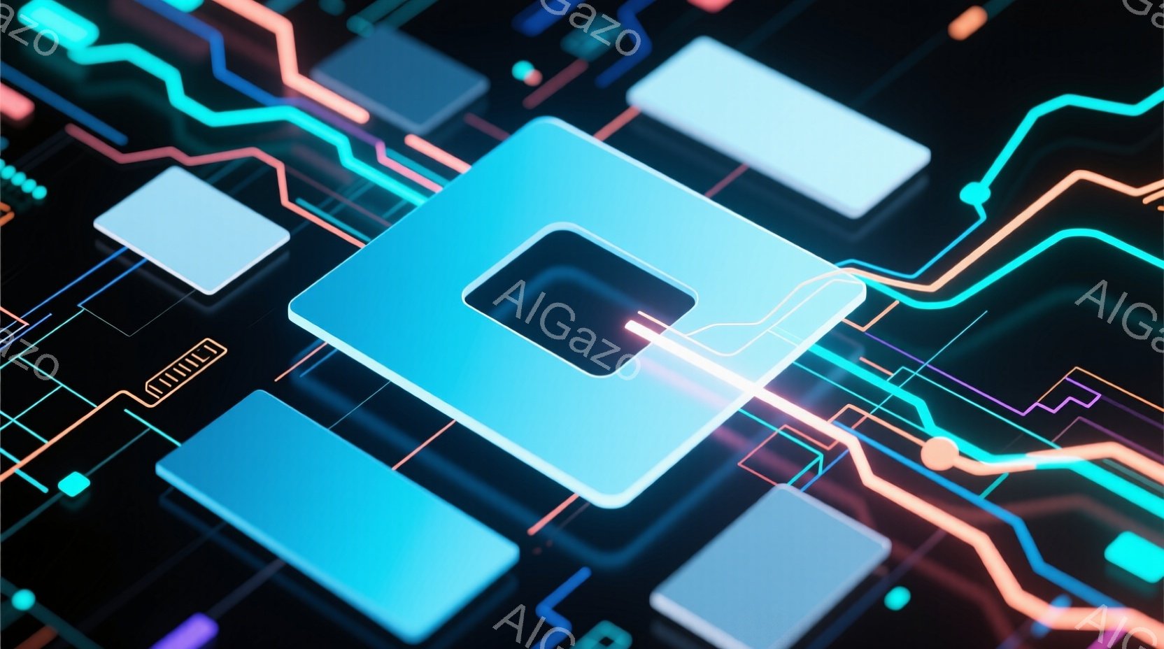 この画像は、暗い背景にネオンカラーの回路が描かれた抽象的な表現です。青白い発光する四角形のチップが複数、複雑に接続された線によって構成されたネットワーク上に配置されています。未来的なテクノロジーやデジタル世界のイメージを想起させる、鮮やかでエネルギッシュな雰囲気です。