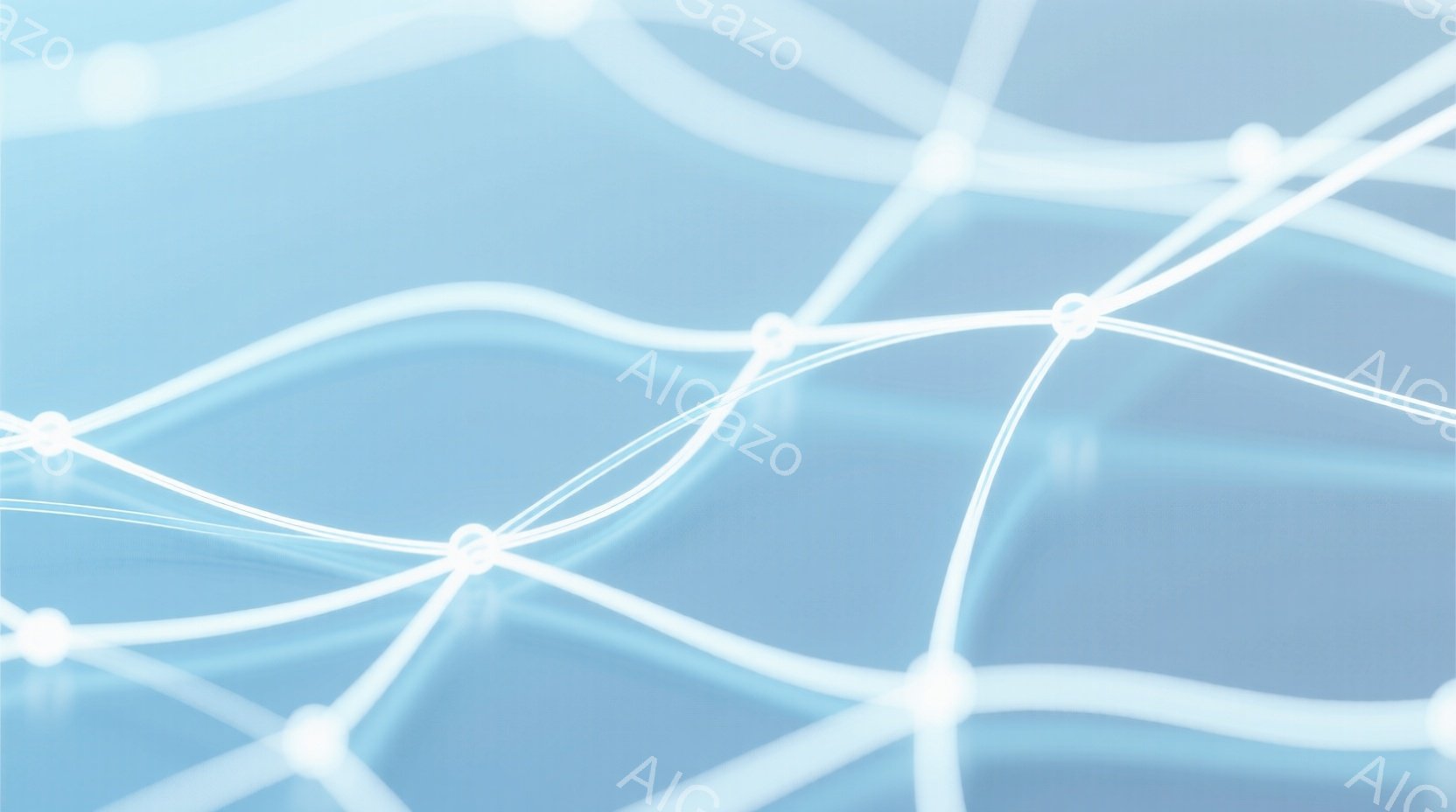 この画像は、明るい水色の背景に、光る白い線が複雑に絡み合った抽象的な表現です。線は、まるで神経細胞のネットワークのように、明るい光のノードで繋がっており、未来的な印象を与えます。全体的に、静かで穏やかな、そして知的な雰囲気を感じさせます。