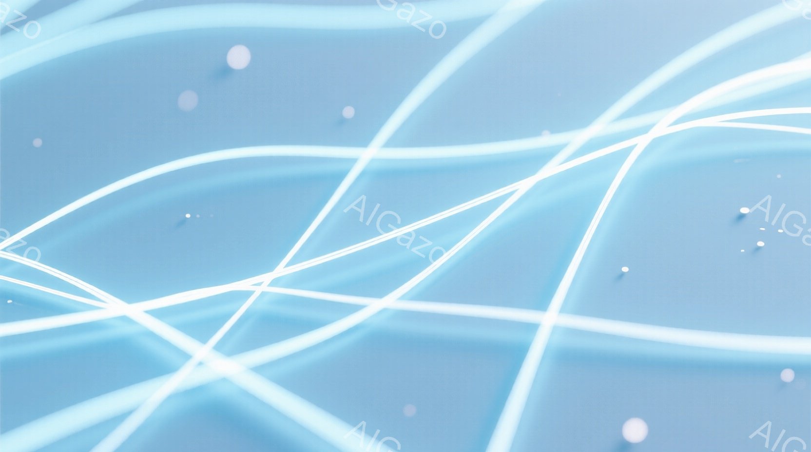 鮮やかな水色の背景に、白く光る線が複雑に交差している抽象的なイメージです。点在する白い光の粒子が、幻想的な空間をさらに強調しています。全体的に、未来的なテクノロジーやエネルギーの流れを連想させる、神秘的でクールな雰囲気です。