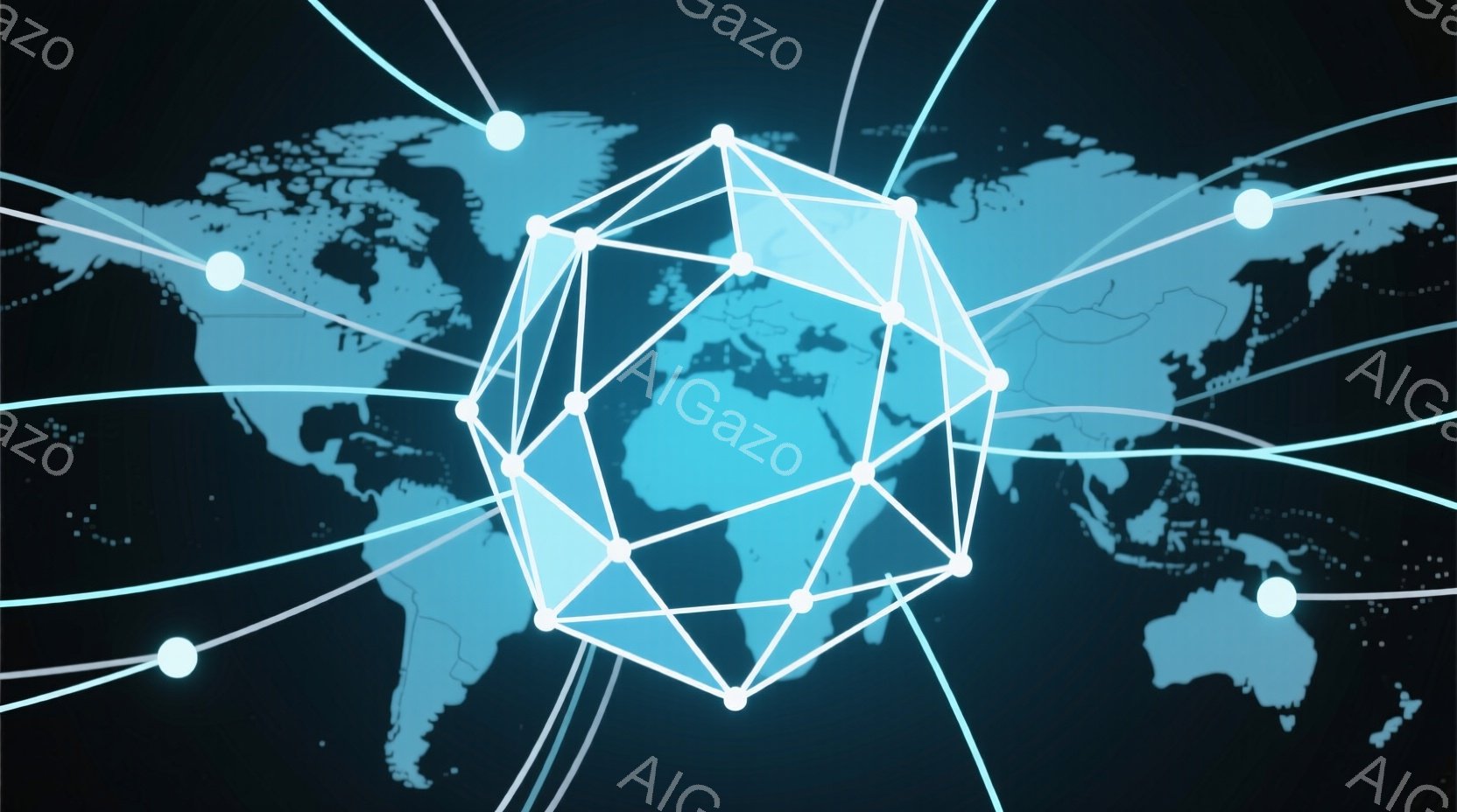 この画像は、暗い背景に青い世界地図が描かれており、その上に白い線で構成された多面体が重ねられています。多面体の各頂点は、世界各地の主要な都市や地域を指しているように見え、グローバルなネットワークや繋が - AI生成フリー素材