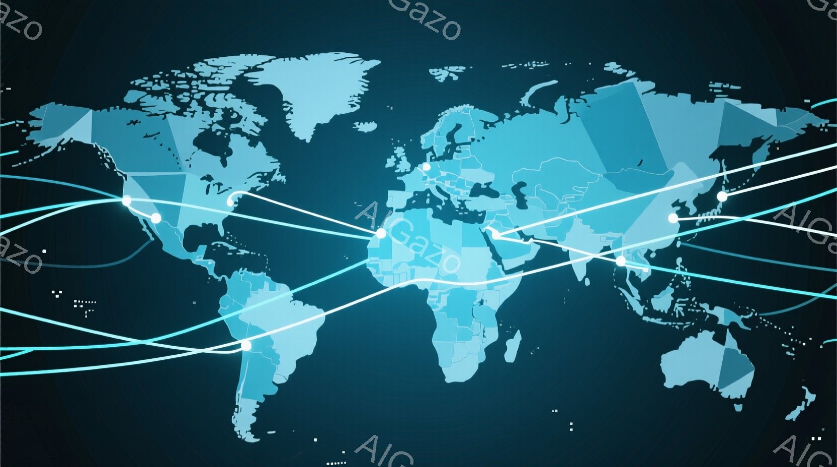 この画像は、明るい青色の地球儀を背景にした抽象的な表現です。大陸は多角形で構成され、光沢のある質感を与えています。白い線が大陸間を結び、ネットワークやグローバルなつながりを象徴しているように見えます。 - AI生成フリー素材