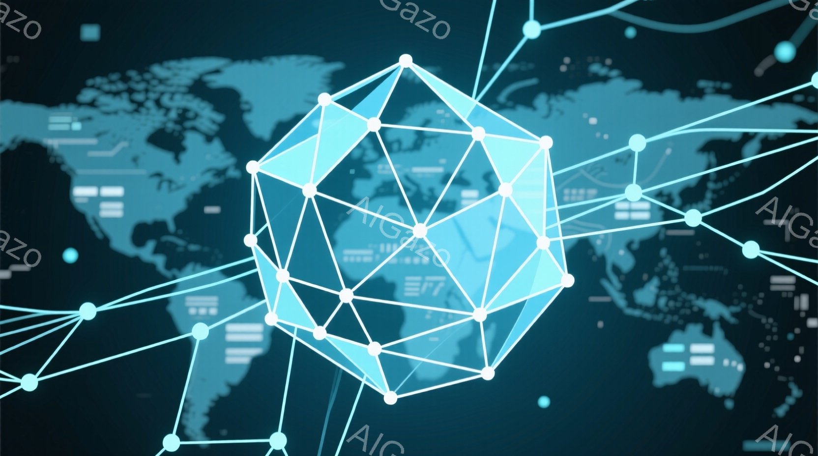 地球儀を背景に、青色の多面体が描かれています。多面体は線で繋がれた点によって構成され、まるでネットワークや繋がりを視覚化したように見えます。全体的に未来的な雰囲気で、グローバルなコミュニケーションやテクノロジーの発展を象徴しているようです。