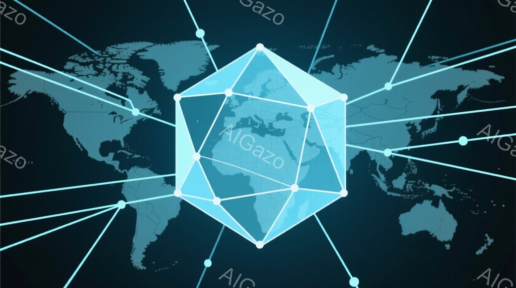 深い青色の背景に、淡い青色の地球儀と、それを囲むように線が繋がった多面体が描かれています。多面体の各頂点は、地球上の様々な地域と線で結ばれており、グローバルなネットワークや接続性を表現しているように見えます。全体的に、未来的なテクノロジーと世界規模での繋がりを暗示する、洗練された印象を与える画像です。