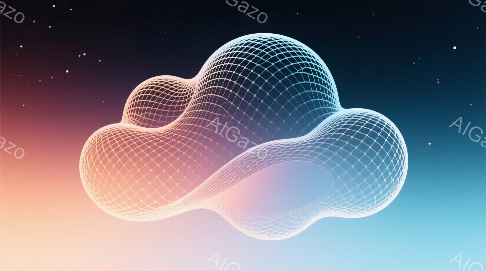 画像は、複雑に絡み合った線で構成された、発光する立体的な形状を捉えている。背景は、ピンクと水色が滑らかに混ざり合い、まるで夜明けの空のようなグラデーションを作り出している。全体的に未来的な雰囲気で、抽象的でありながらも、どこか有機的な印象を与える。