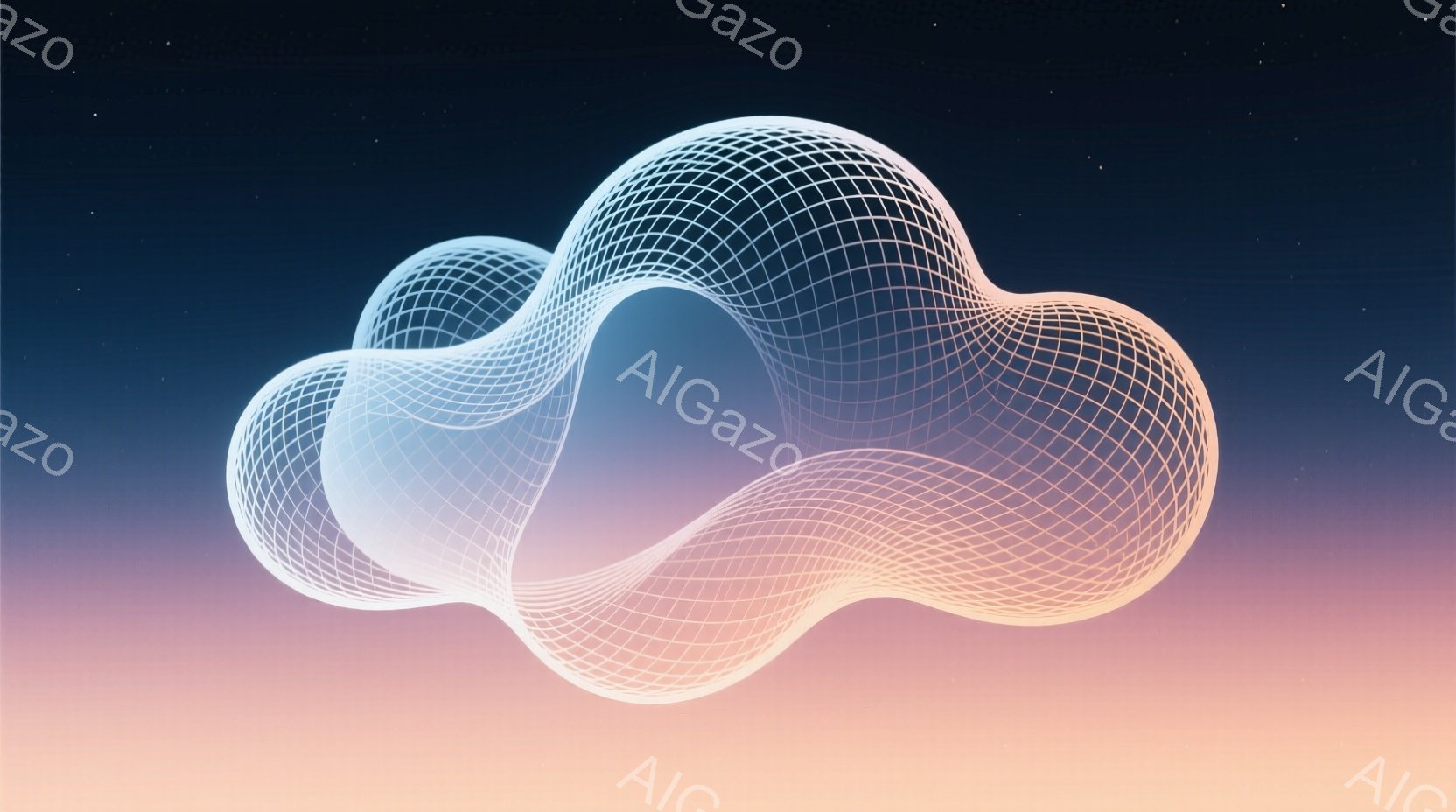 鮮やかなグラデーションの背景に、白いワイヤーフレームの複雑な曲線が浮かび上がっている。曲線は流れるような形をしており、光沢があり、未来的な印象を与える。背景はオレンジから紫色へと変化し、奥行きと立体感を強調している。