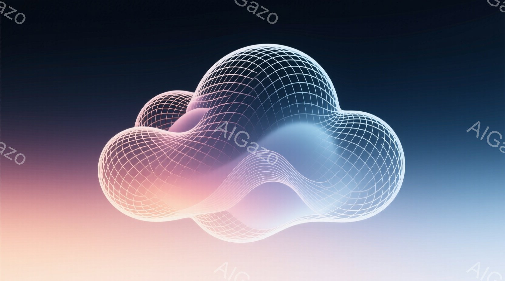 複雑な曲線を描く、半透明の光る構造物が画面中央に浮かんでいる。構造物は細い白い線で構成されたフレームに包まれ、内部は淡いピンクから青へのグラデーションで彩られている。背景は穏やかなピンクと紫のグラデーションで、全体的に未来的ながらも柔らかい雰囲気を醸し出している。