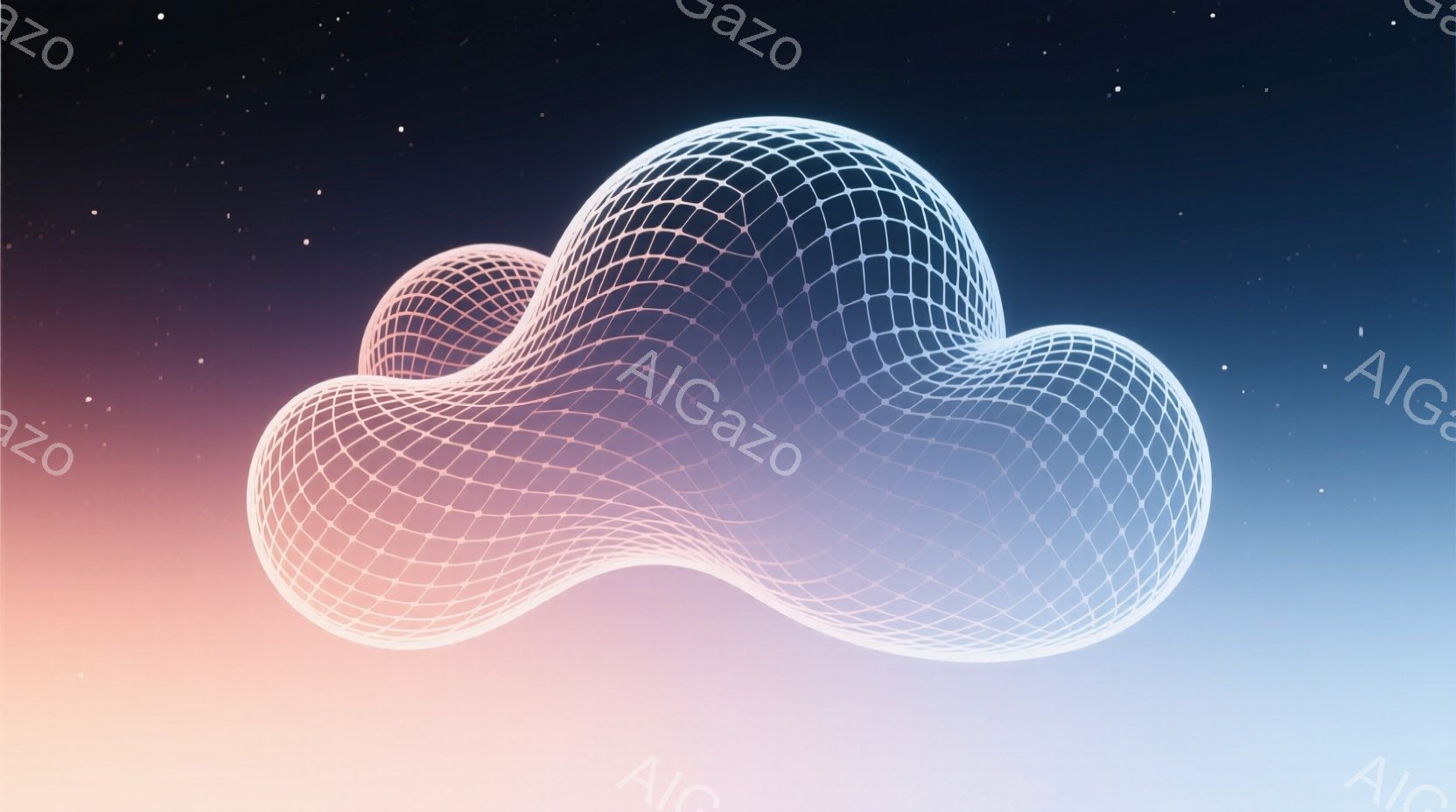 鮮やかなピンクと青のグラデーションが広がる背景に、光るワイヤーフレームで構成された抽象的な形状が浮かんでいる。複雑に入り組んだ線が、まるで有機的な生命体のような、あるいは未来的な構造物を連想させる。全体的に幻想的で、サイバーパンクまたはデジタルアート作品のような雰囲気が漂っている。