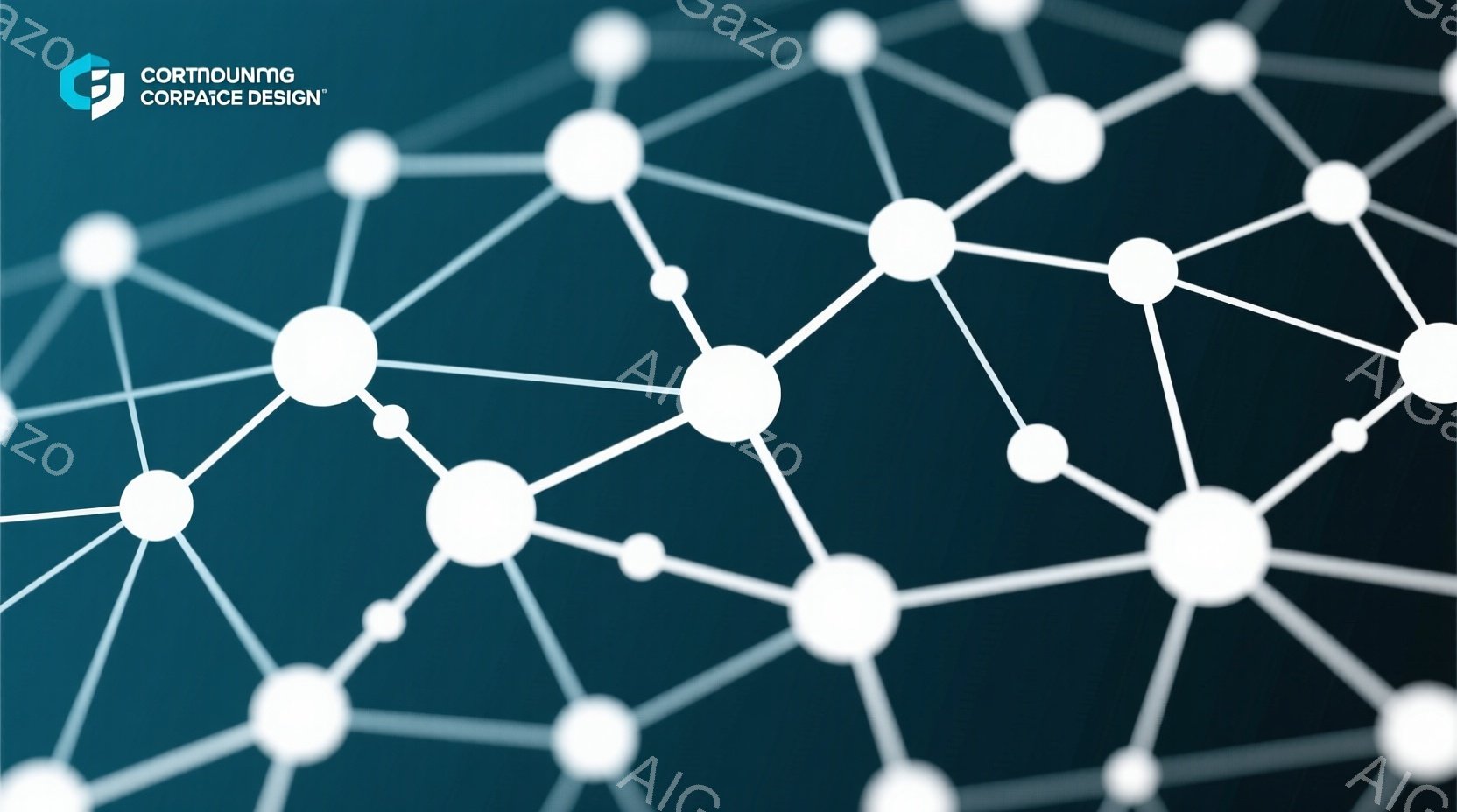 深い青色の背景に、白い円形のノードが線で接続されたネットワークが描かれています。ノードは様々な大きさと明るさで表現され、複雑な繋がりを示唆しています。全体的に抽象的で、テクノロジー、データ、またはコミ - AI生成フリー素材