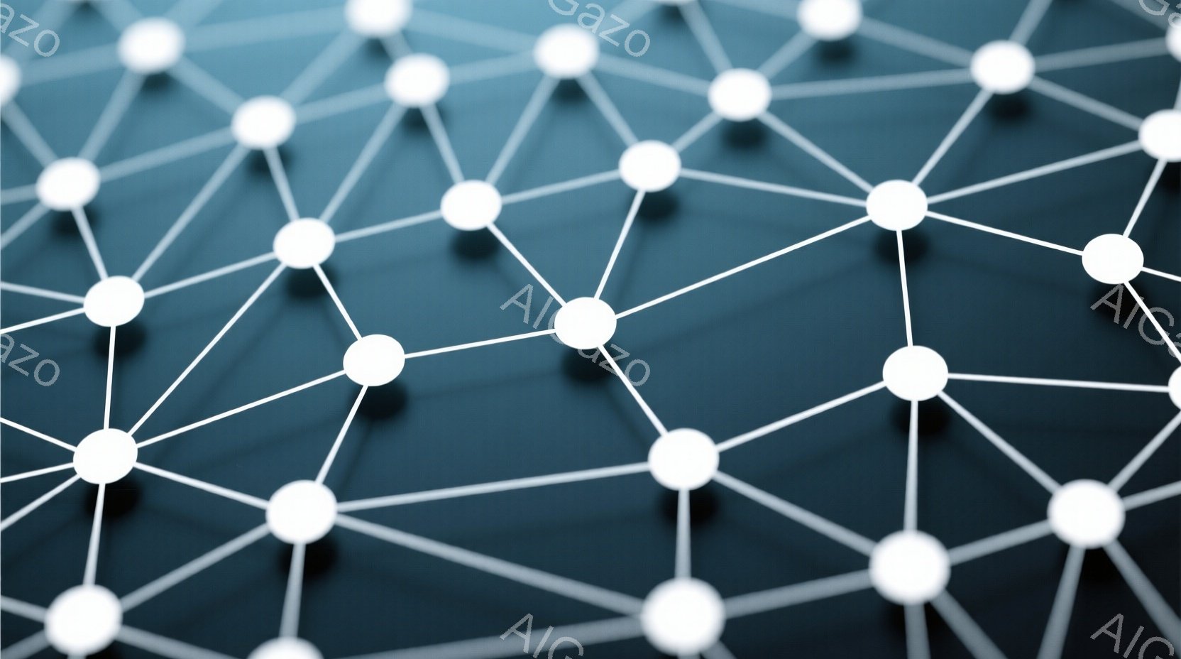 鮮やかな白い点が、複雑なネットワーク状に線で結ばれており、濃い青色の背景に浮かび上がっています。この構造はまるで分子構造や神経回路網を想起させ、未来的な印象を与えます。光沢のある表面と影の効果により、立体感と奥行きが強調されています。