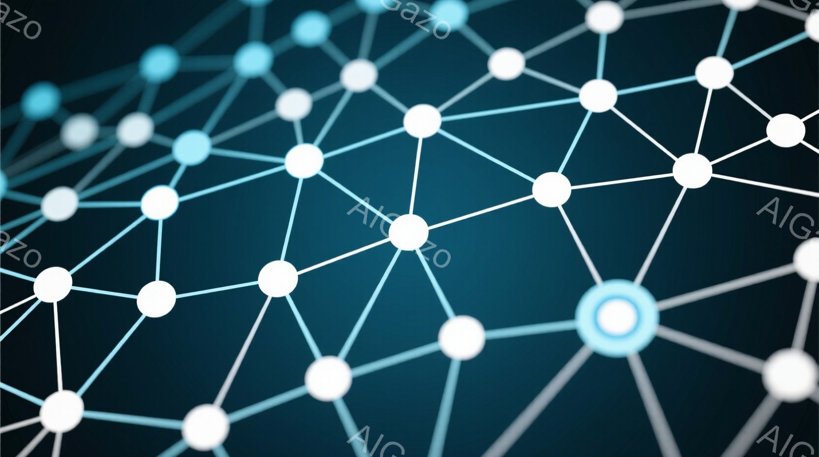 鮮やかな青色の背景に、白く光る球体が線で繋がれたネットワークが広がっています。球体は様々な大きさに変化し、まるで星座や神経回路網のように複雑な模様を描いています。全体的に未来的で、繋がりや情報伝達を象徴するような印象を与えるデザインです。