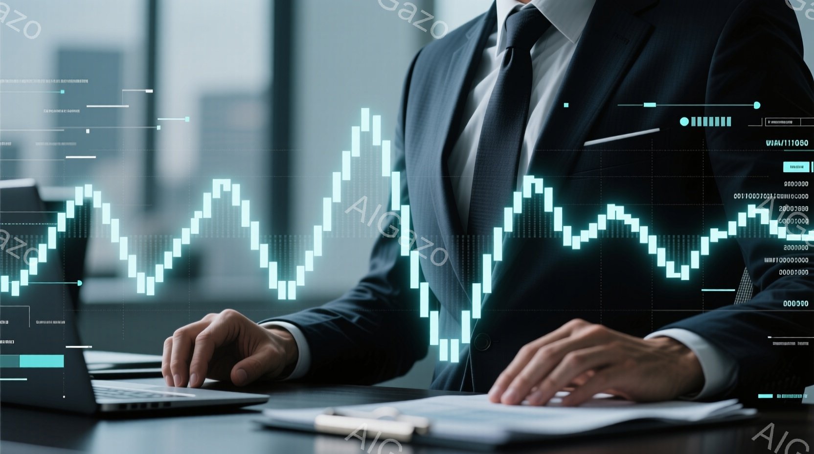 ビジネスマンがパソコンに向かい、両手でキーボードを操作している様子が描かれている。彼はダークスーツにネクタイを着用し、フォーマルな雰囲気を醸し出している。背景には高層ビル群がぼやけて見え、未来的なデータチャートが重ねられており、金融や投資に関するビジネスシーンを暗示している。