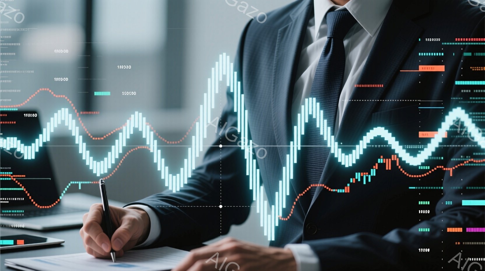 紺色のスーツを着た男性が、グラフが重ねられたモニターの前でペンを手にしている様子が写っている。彼は真剣な表情で、グラフを指し示すように手を伸ばしている。背景にはぼやけた都市の風景が広がり、ビジネスや金融の世界を連想させる雰囲気である。