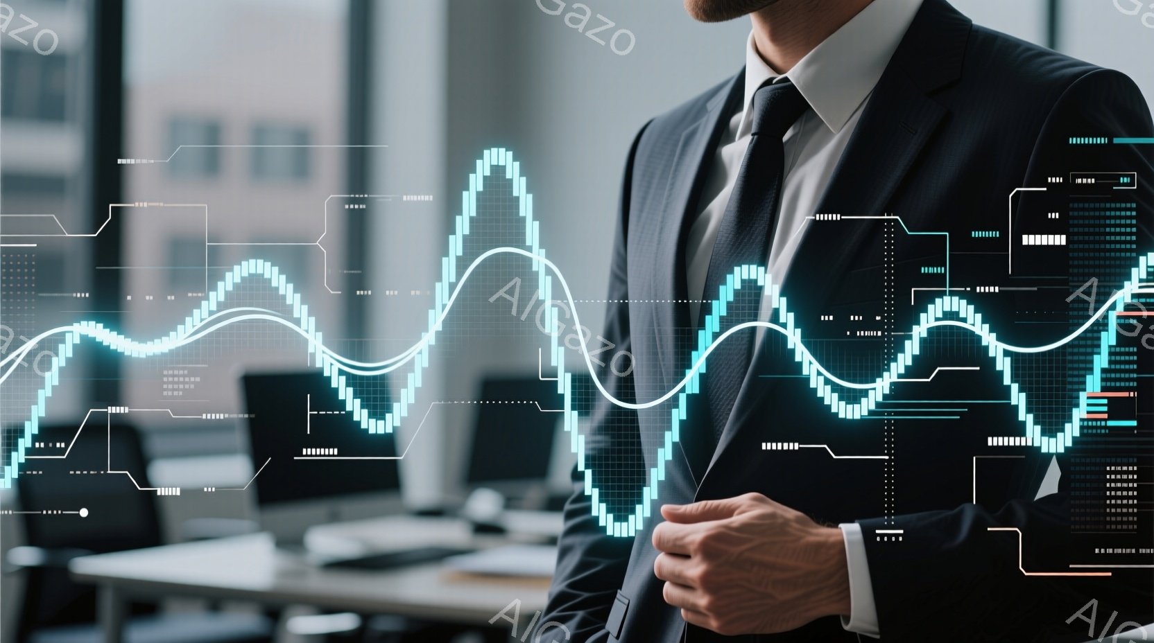 スーツを着た男性が、光るグラフのオーバーレイの上に立っている。彼は真剣な表情で、腕を組んで立っており、ビジネスや金融の成功を象徴しているように見える。背景はオフィスの一室で、ぼやけたデスクや他の人影が - AI生成フリー素材