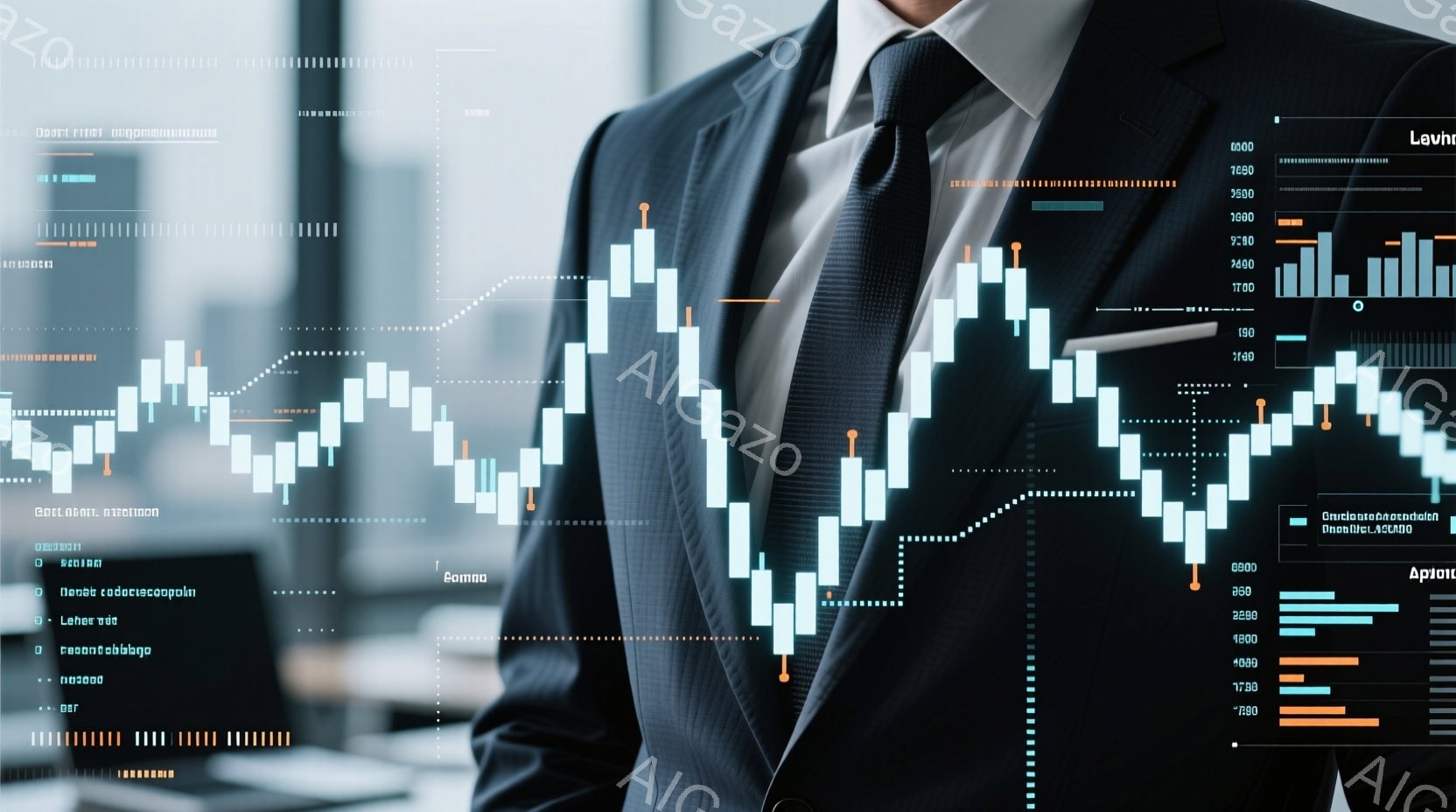 スーツを着た男性が、金融市場のチャートが背景に映るオフィスに立っている。彼の視線は少し上を向き、自信に満ちた、プロフェッショナルな雰囲気を醸し出している。背景のチャートは上昇傾向を示しており、経済的な成功や成長を暗示している。