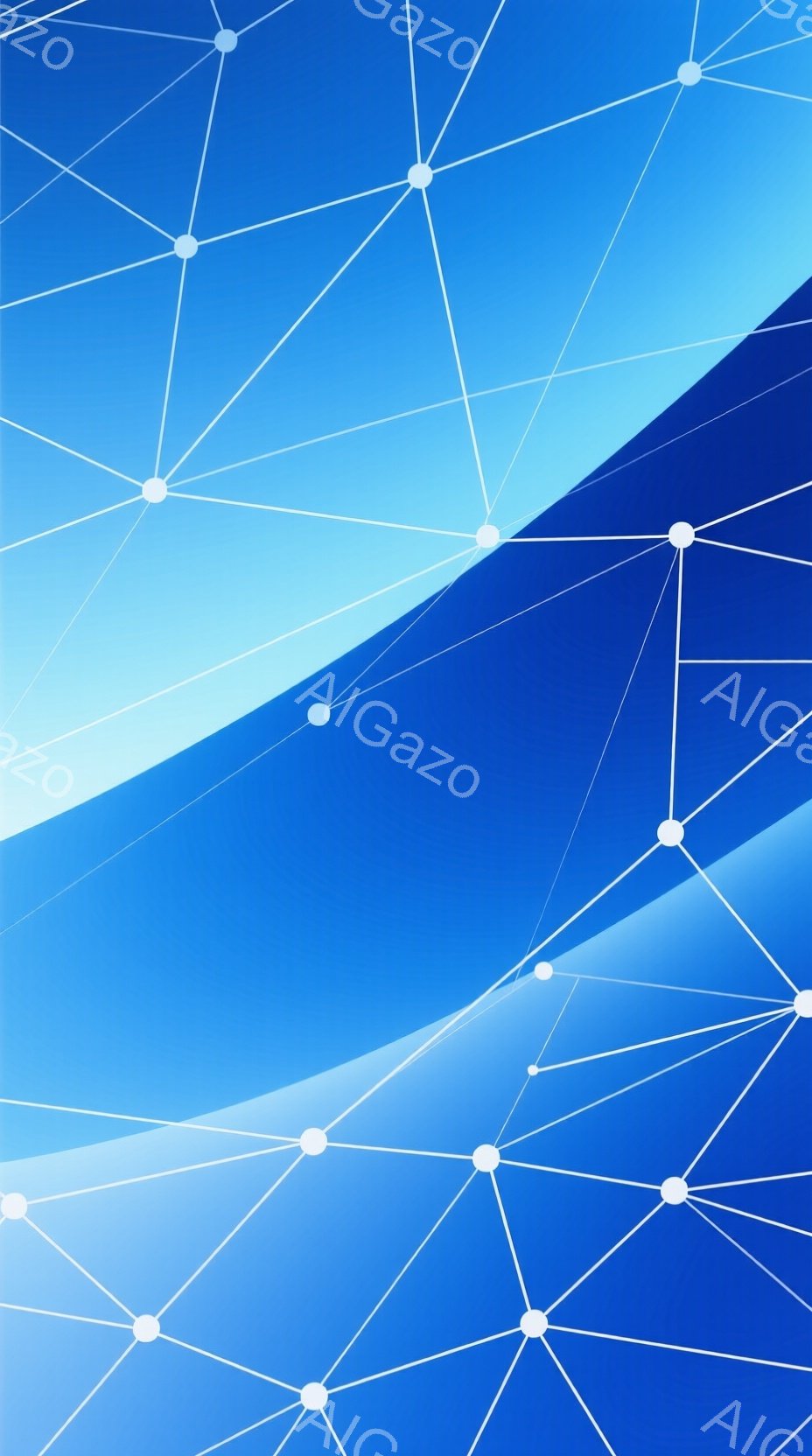 この画像は、青色のグラデーションと、白く光る点が線で結ばれたネットワーク状の抽象的な表現で構成されています。背景は明るい青から濃い青へと滑らかに変化し、未来的な印象を与えます。全体として、静かで、テクノロジー感のある、ミニマルな雰囲気が漂っています。