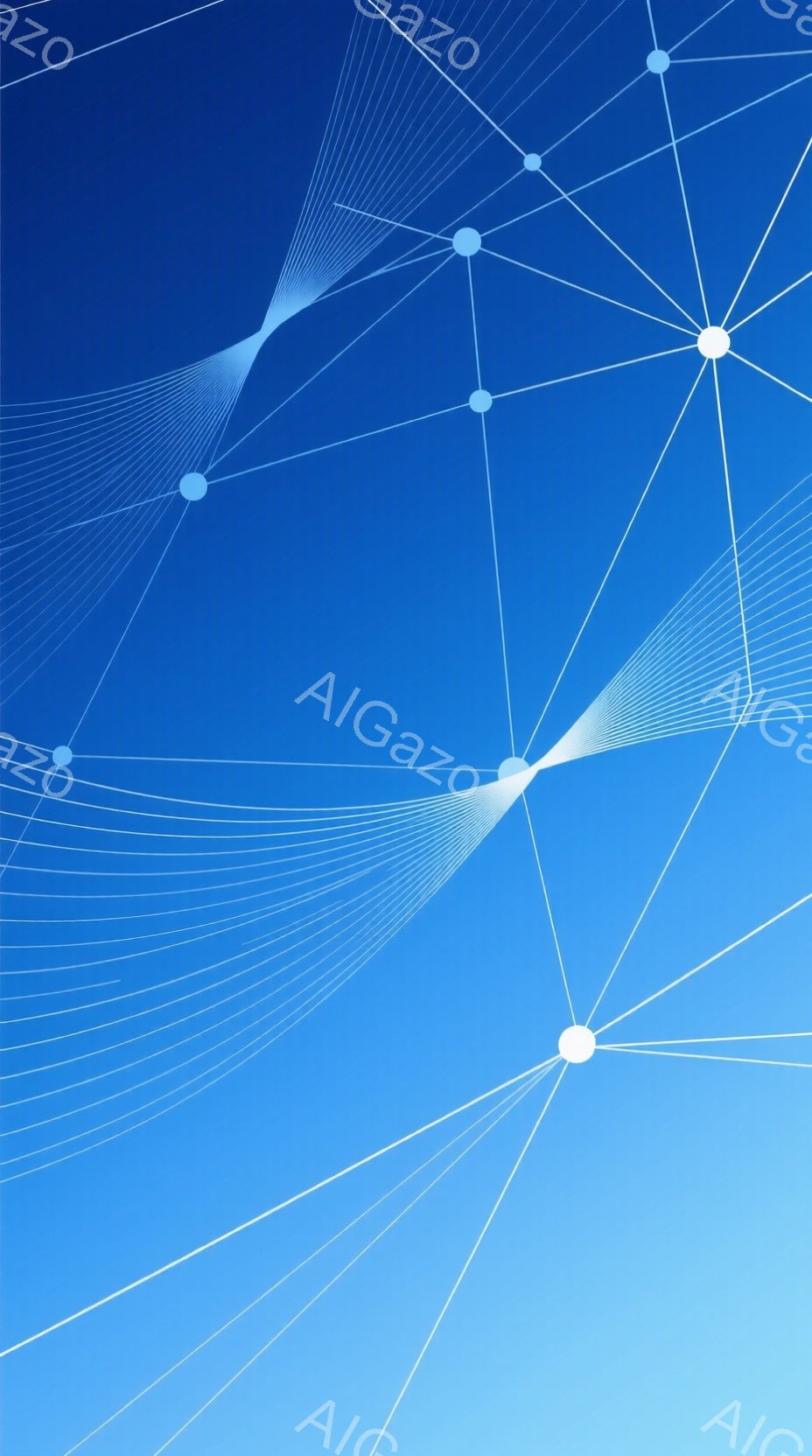 この画像は、明るい青色のグラデーションを背景に、白い線と円で構成された抽象的なネットワークを描いています。円はネットワークのノードとして機能し、線はそれらを接続して複雑なパターンを作り出しています。全 - AI生成フリー素材